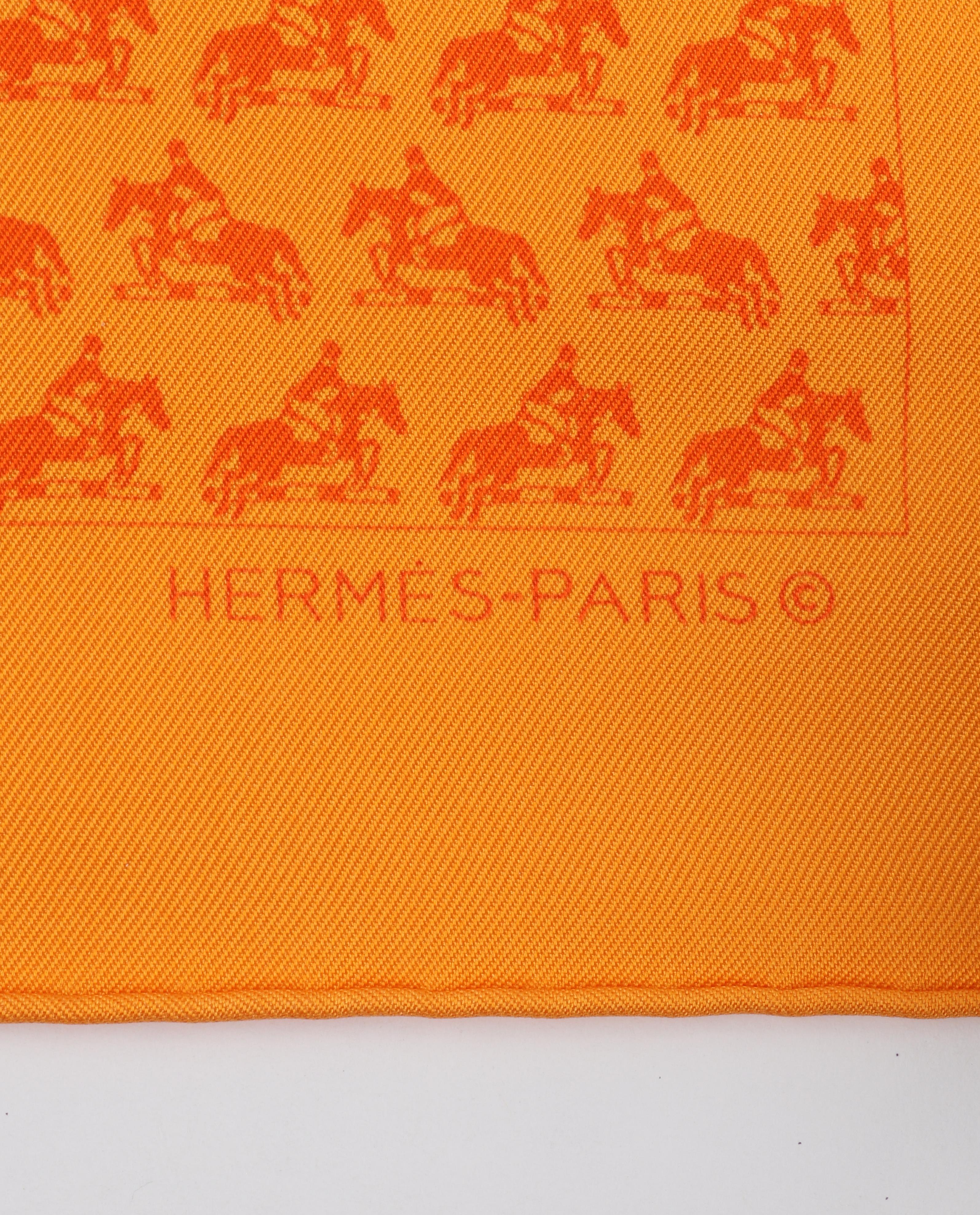 HERMES Orange Equestrian Equine Jump Print Stripe Silk Twill Square Scarf In Good Condition In Thiensville, WI