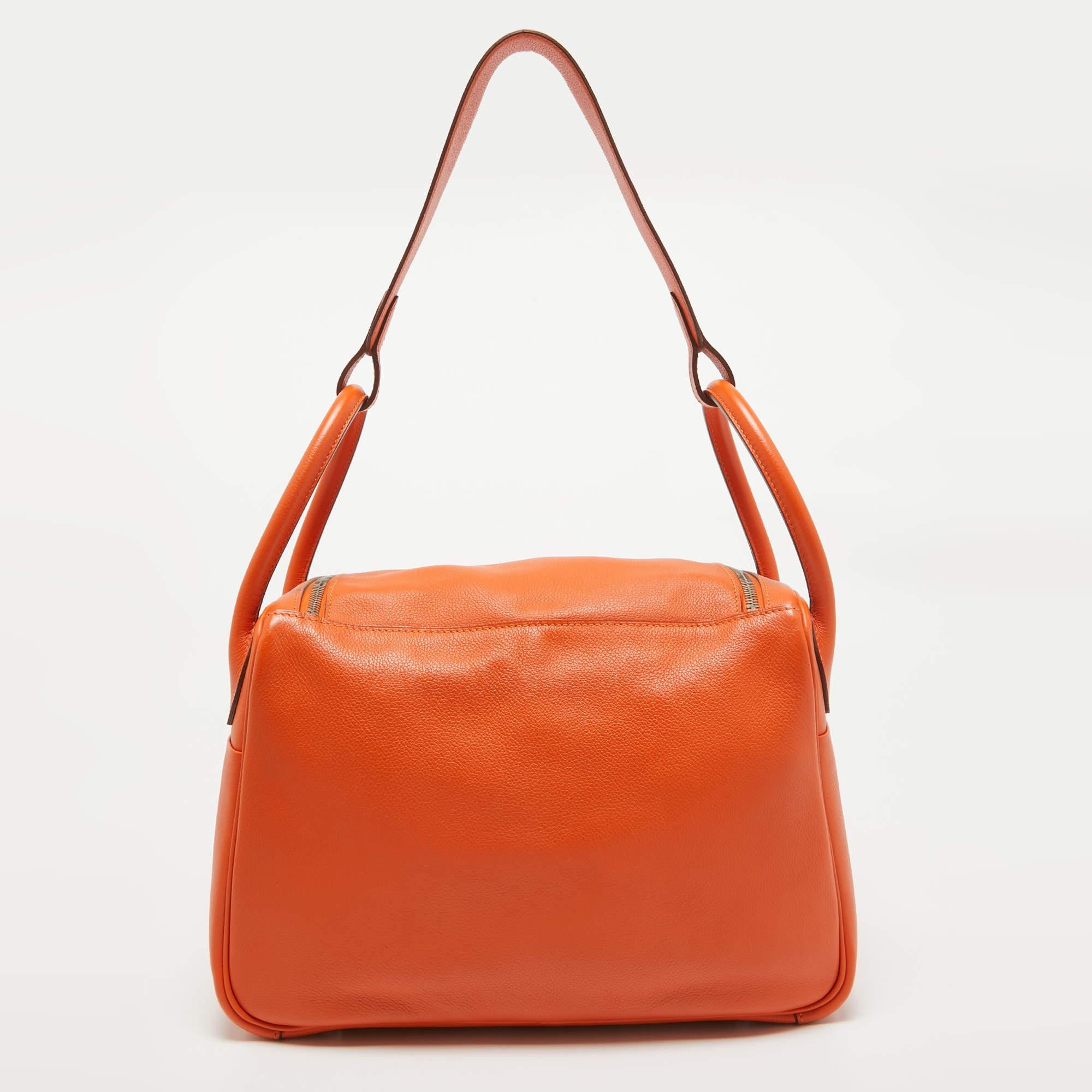 Women's Hermes Orange Evercolor Leather Palladium Finish Lindy 30 Bag For Sale
