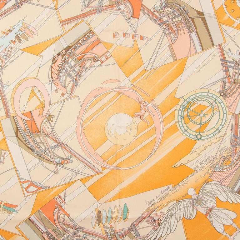 Hermes 'Face au Large 90' scarf by Dominique Jarlegant in orange silk twill (100%) with peach border and details in beige, taupe and cream. Has been worn and is in excellent condition.

Width 90cm (35.1in)
Height 90cm (35.1in)