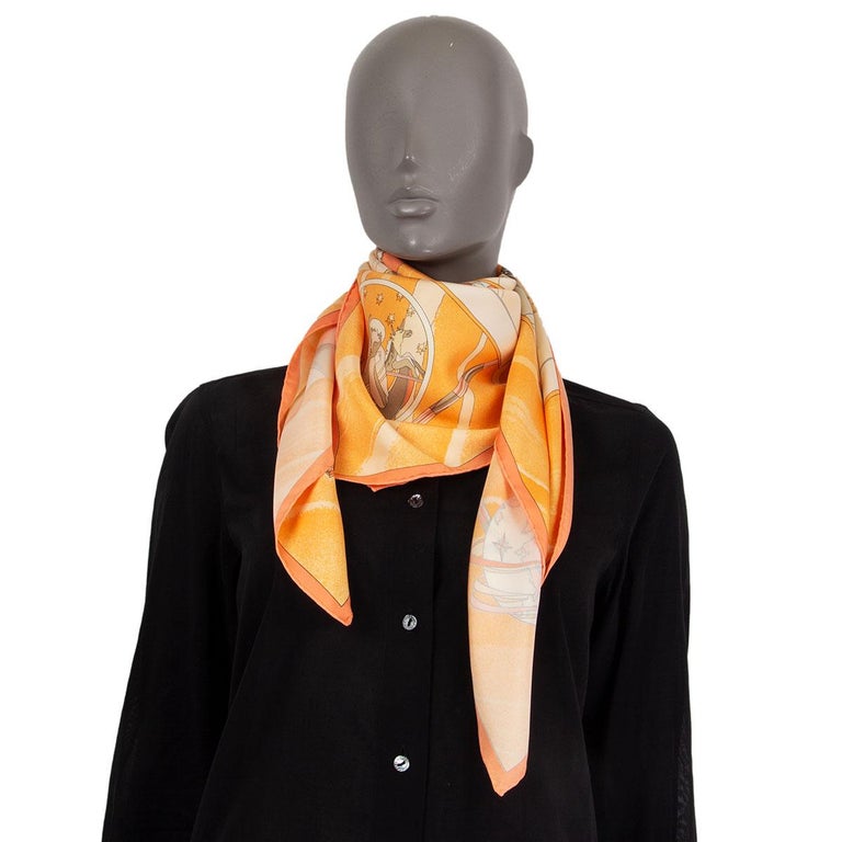 Hermes orange FACE AU LARGE 90 silk Scarf For Sale 1