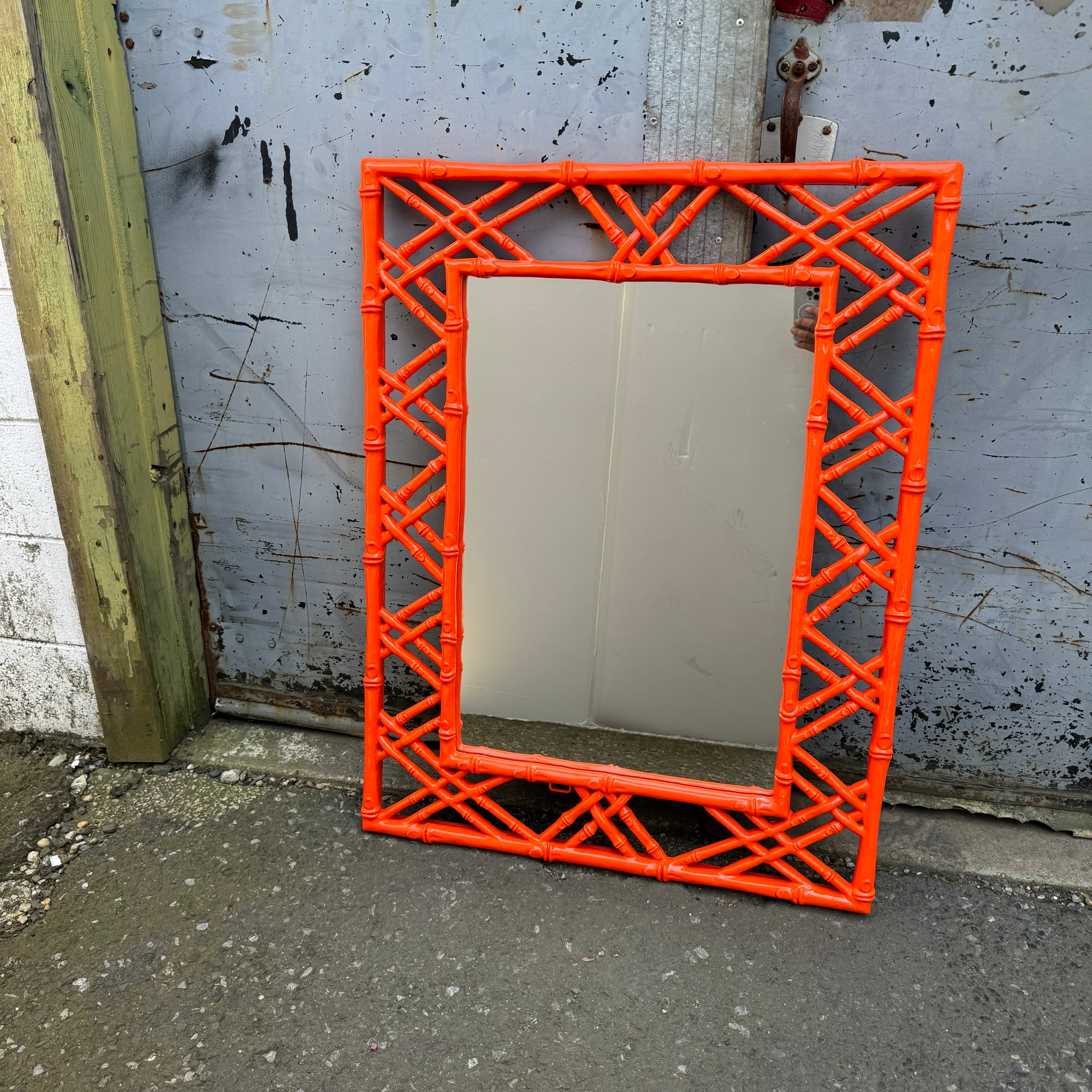 Impressive rectangular MCM mirror in a freshly powder coated color we like to call Hermes Orange. Mirror can hang in a horizontal or vertical position.
This very sturdy and very on trend heavy metal mirror is certainly a versatile piece that can be