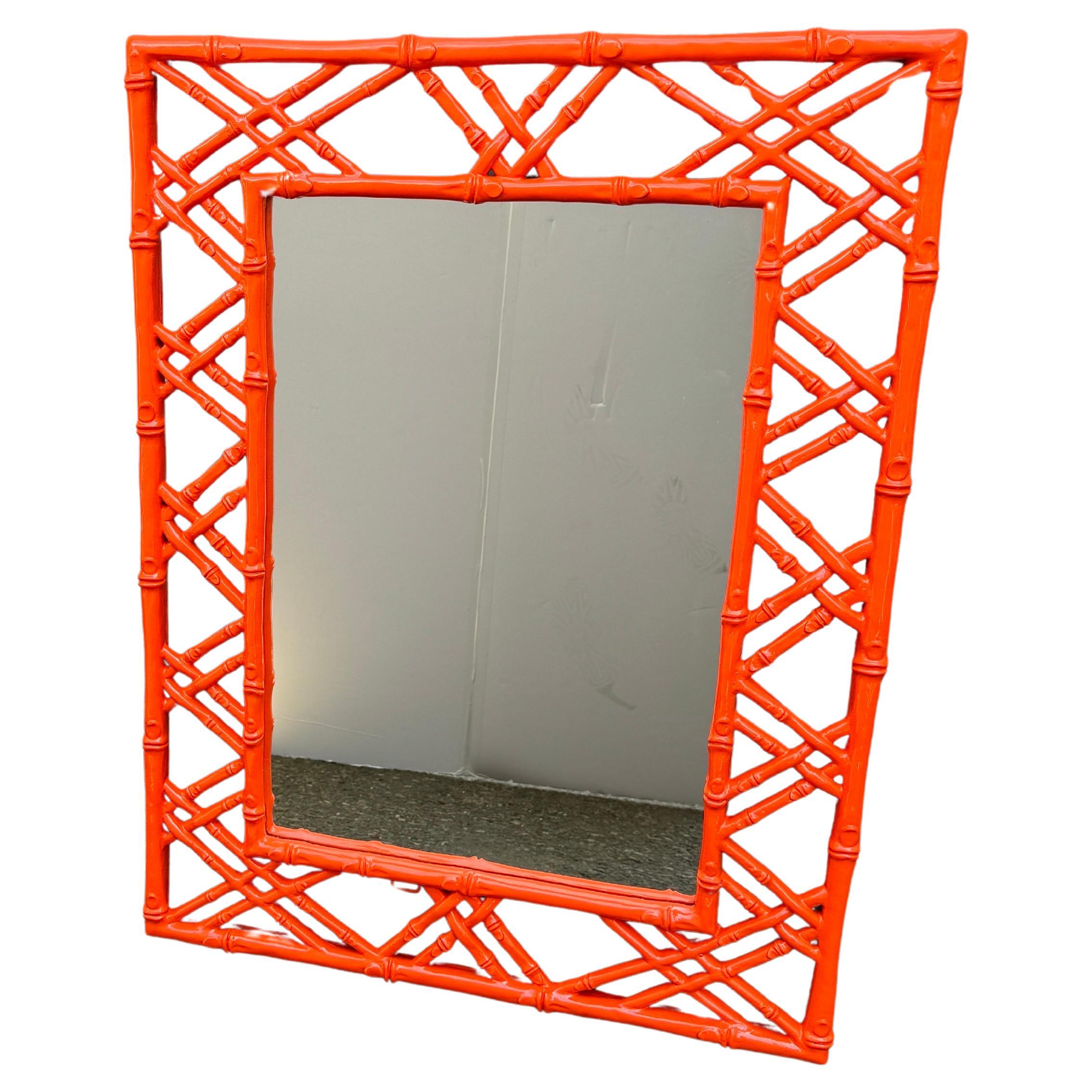 American Hermes Orange Faux Bamboo Rectangular Metal Wall Mirror Mid-Century Modern