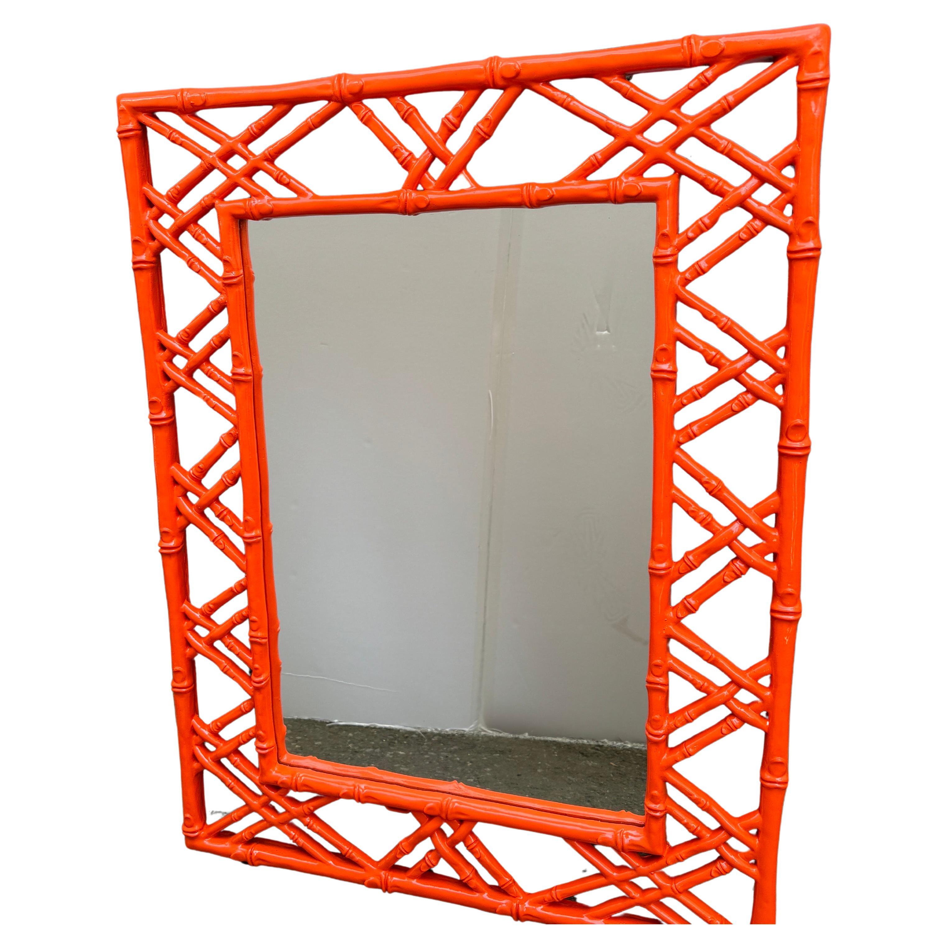 Powder-Coated Hermes Orange Faux Bamboo Rectangular Metal Wall Mirror Mid-Century Modern