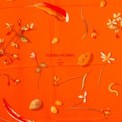 Hermes orange FLEURS ET PLUMES 140 silk twill Scarf