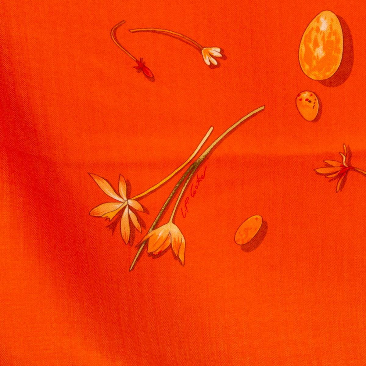 Women's or Men's Hermes orange FLEURS ET PLUMES 140 silk twill Scarf