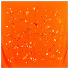 Hermes orange FLEURS ET PLUMES 140 silk twill Scarf