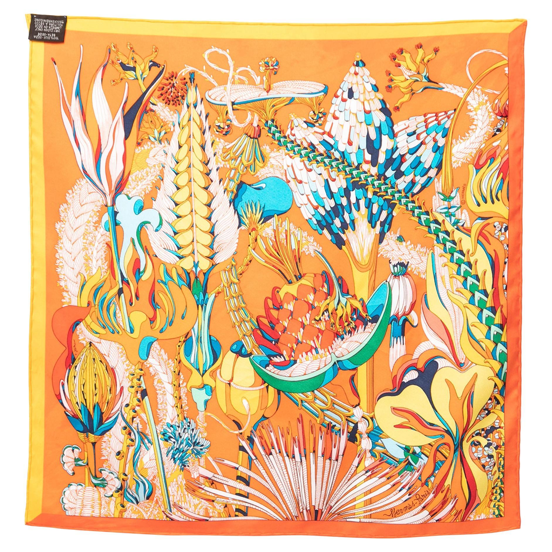 Hermès Orange Foliage Print Silk Scarf