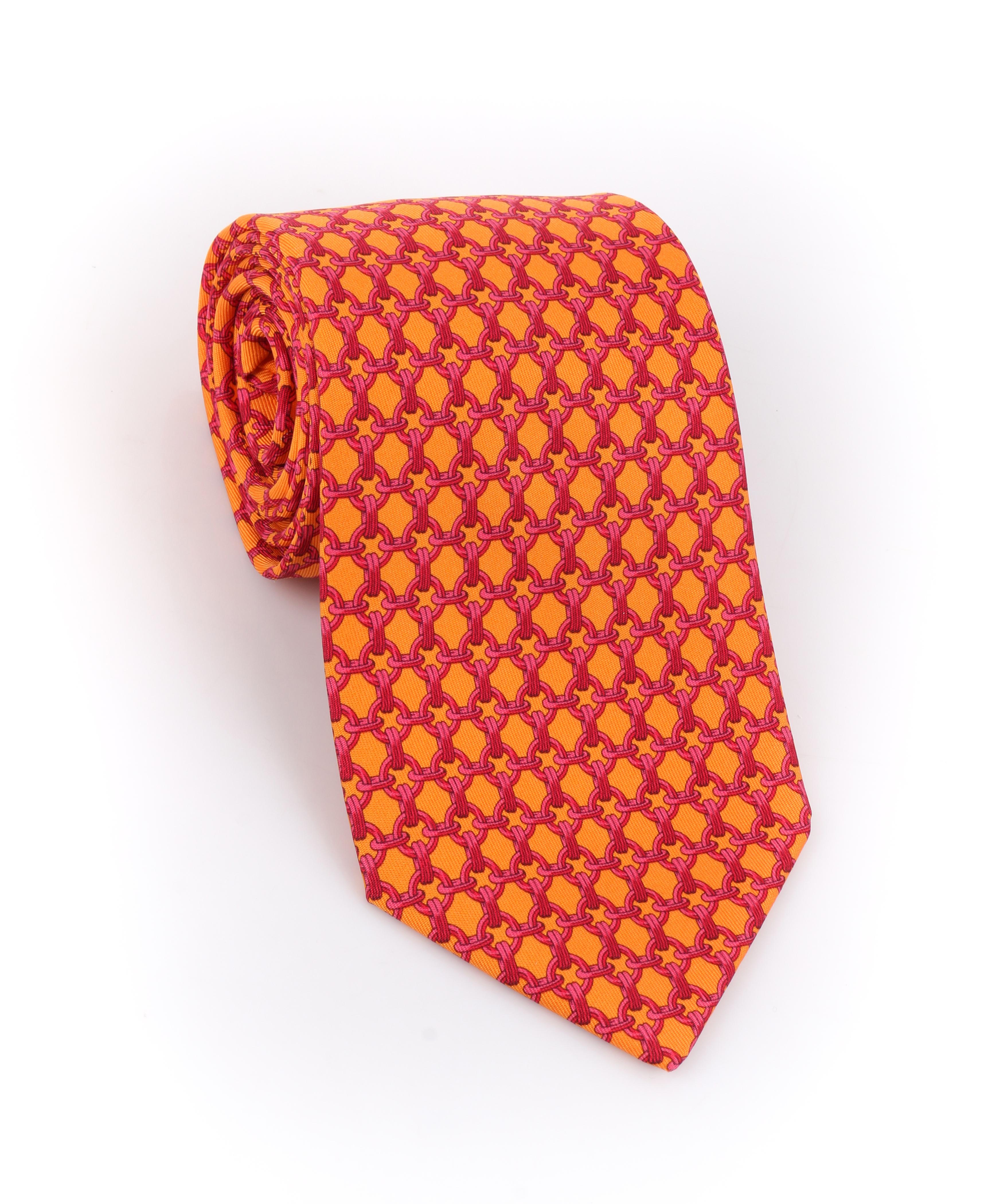 DESCRIPTION: HERMES Orange & Fuchsia Pink Chain Link Print 5 Fold Silk Necktie Tie 59 EA
 
Brand / Manufacturer: Hermes
Style: 5 fold necktie
Color(s): Shades of orange and fuchsia pink
Lined: Yes
Marked Fabric Content: 100% Silk 
Additional Details