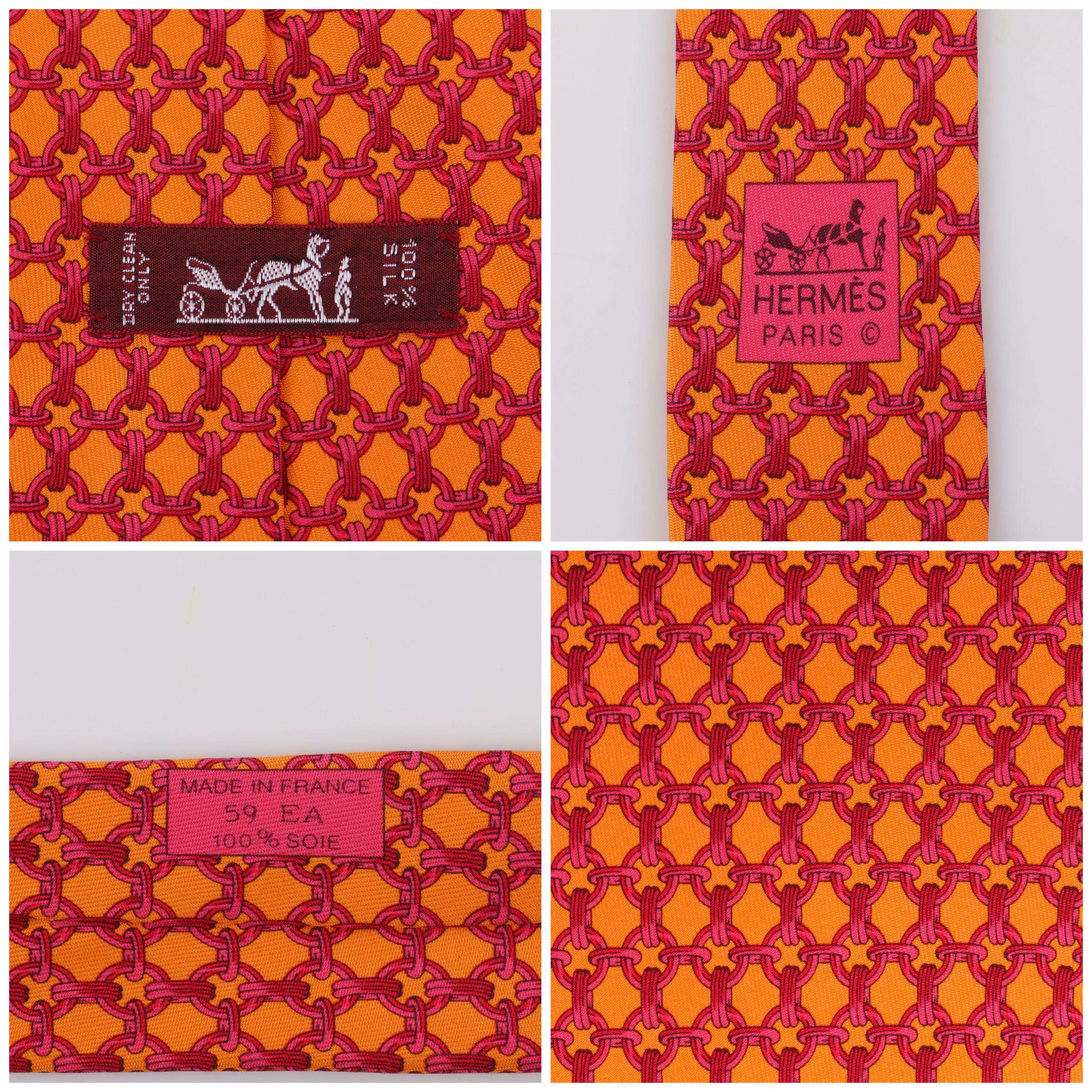 Red HERMES Orange & Fuchsia Pink Chain Link Print 5 Fold Silk Necktie Tie 59 EA