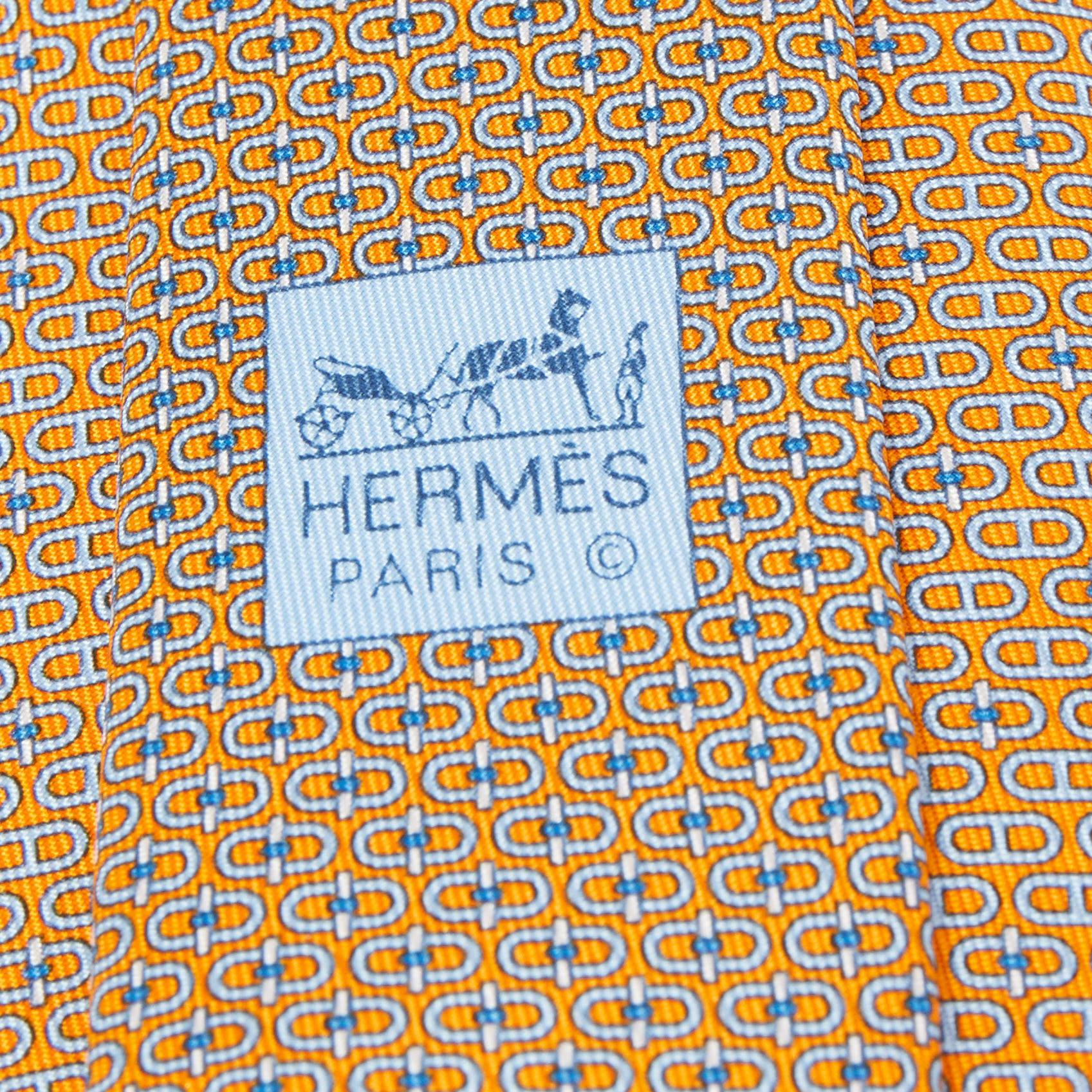 Hermès Orange Glenan Twillbi Printed Silk Slim Tie 1