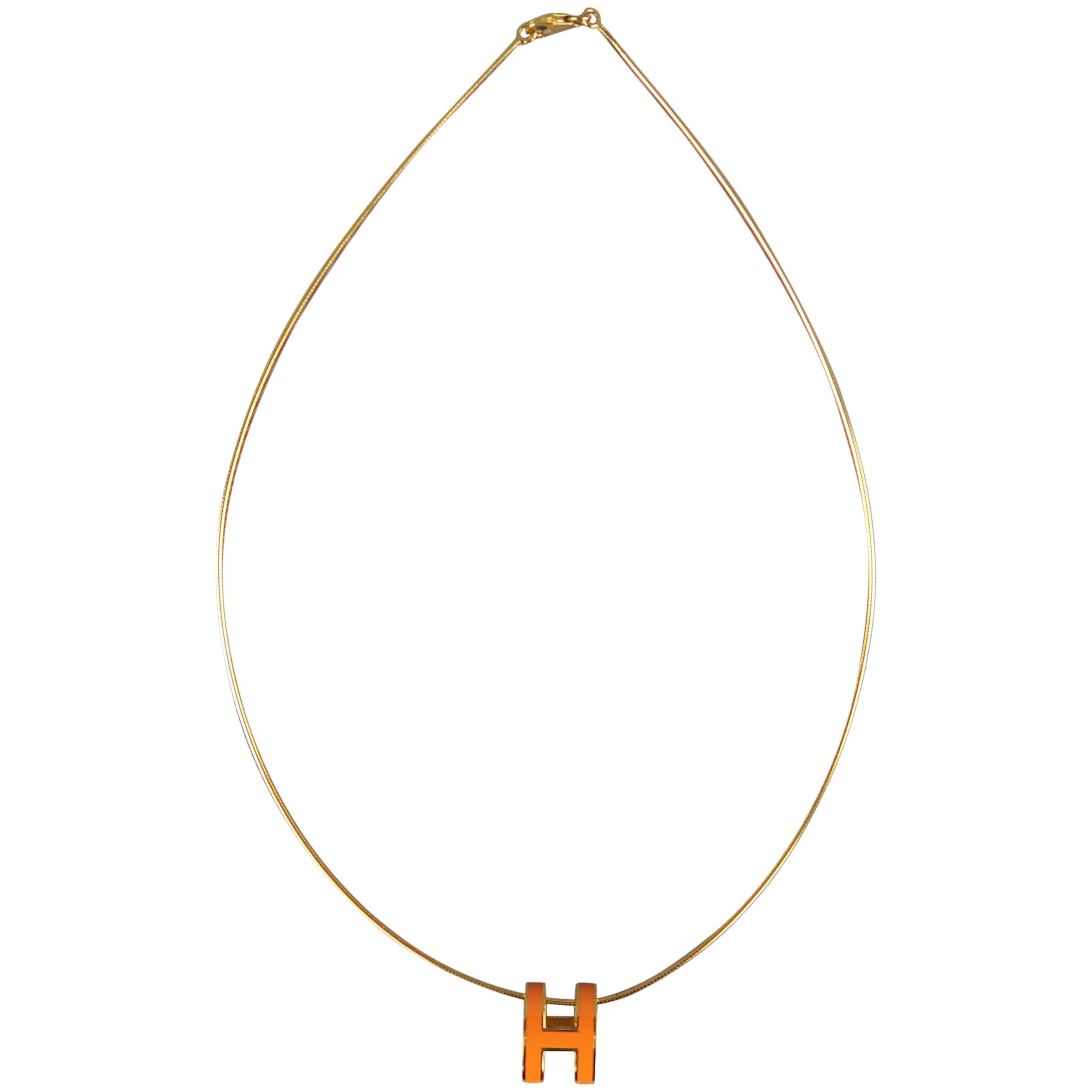 HERMES Orange Gold Plated Sterling Silver H Pop Necklace at 