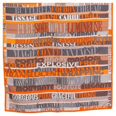 HERMES orange gray silk twill MOTS DE SOIE 90 Scarf