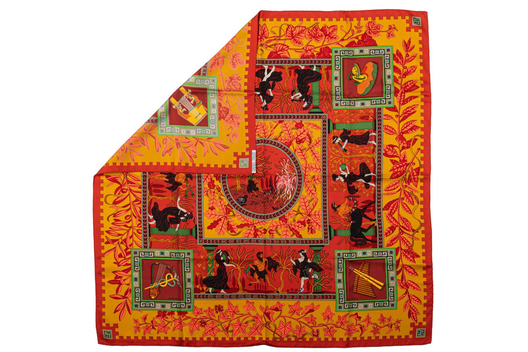 Hermès orange greek scene silk twill scarf. Hand rolled edges. Original tag.