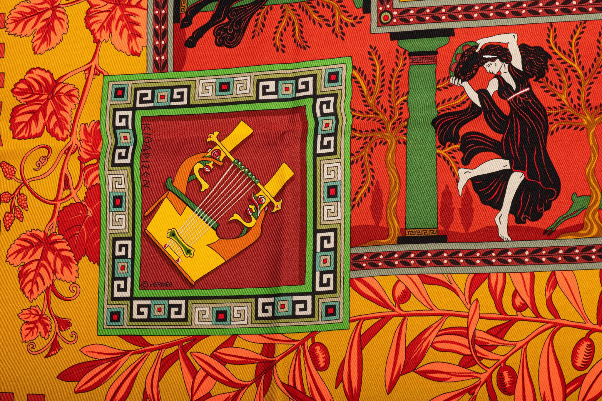 Hermès Orange Greek Scene Silk Scarf In Excellent Condition In West Hollywood, CA