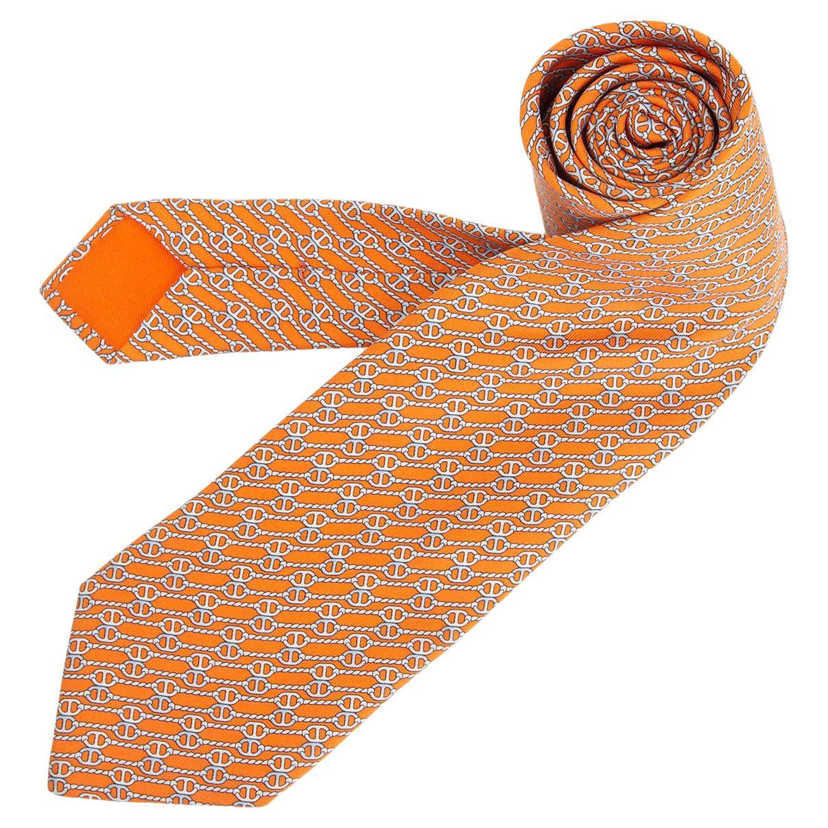 HERMES orange and grey silk twill CHAINE D'ANCRE Tie For Sale at 1stDibs