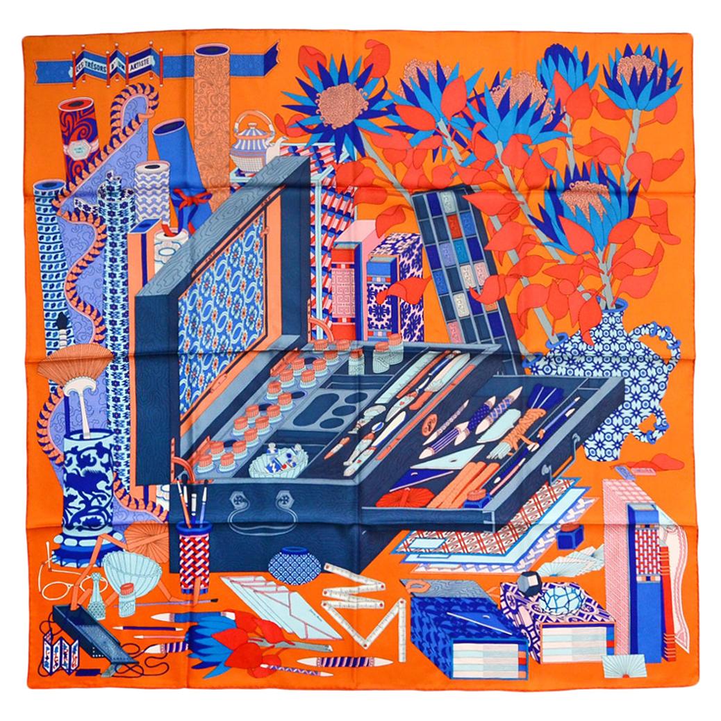 Hermes Orange/Gris/Bleu "Tresors d'un Artiste" 90cm Silk Scarf