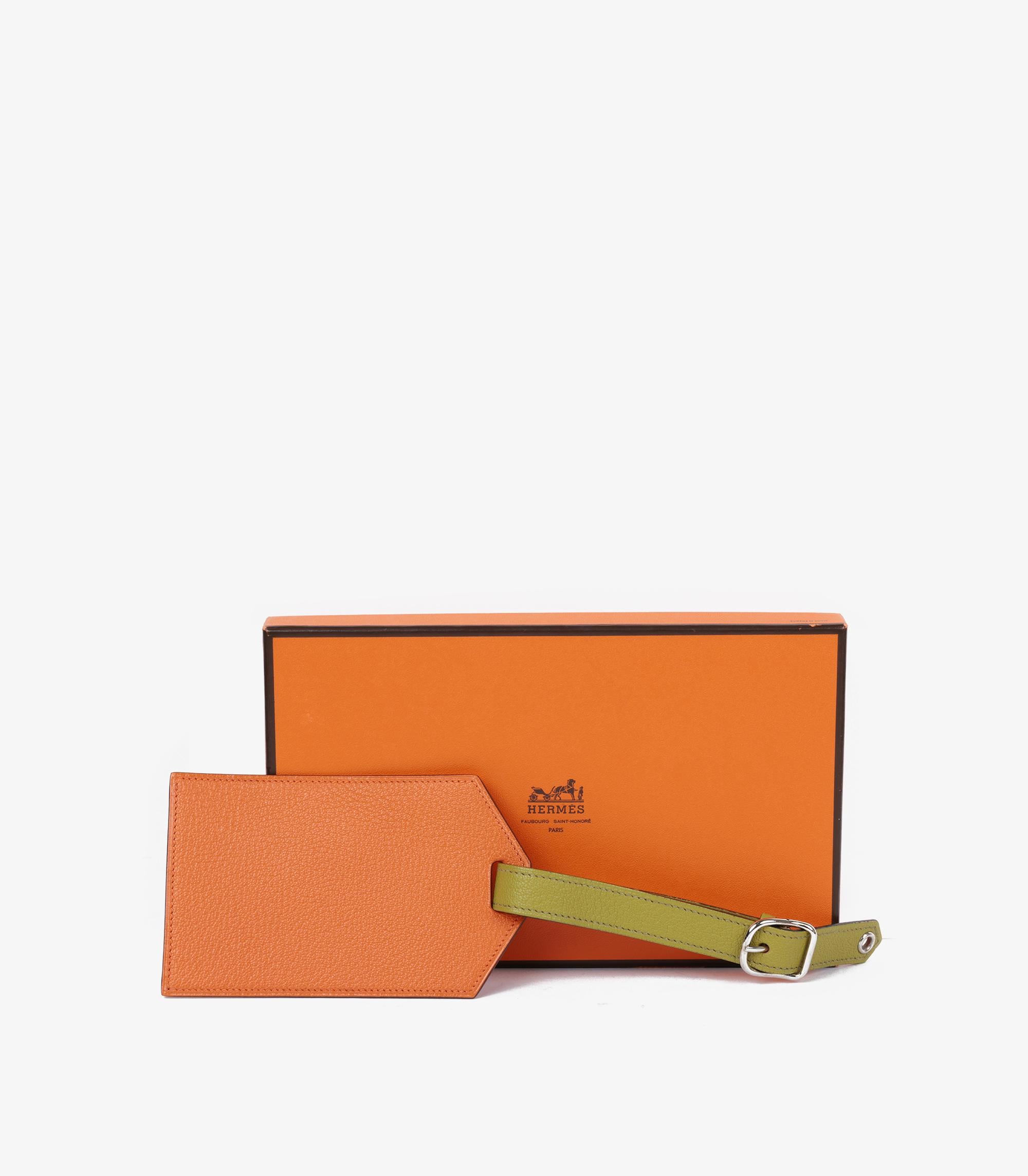 Women's or Men's Hermès Orange H & Vert Chèvre Mysore Leather Luggage Tag For Sale
