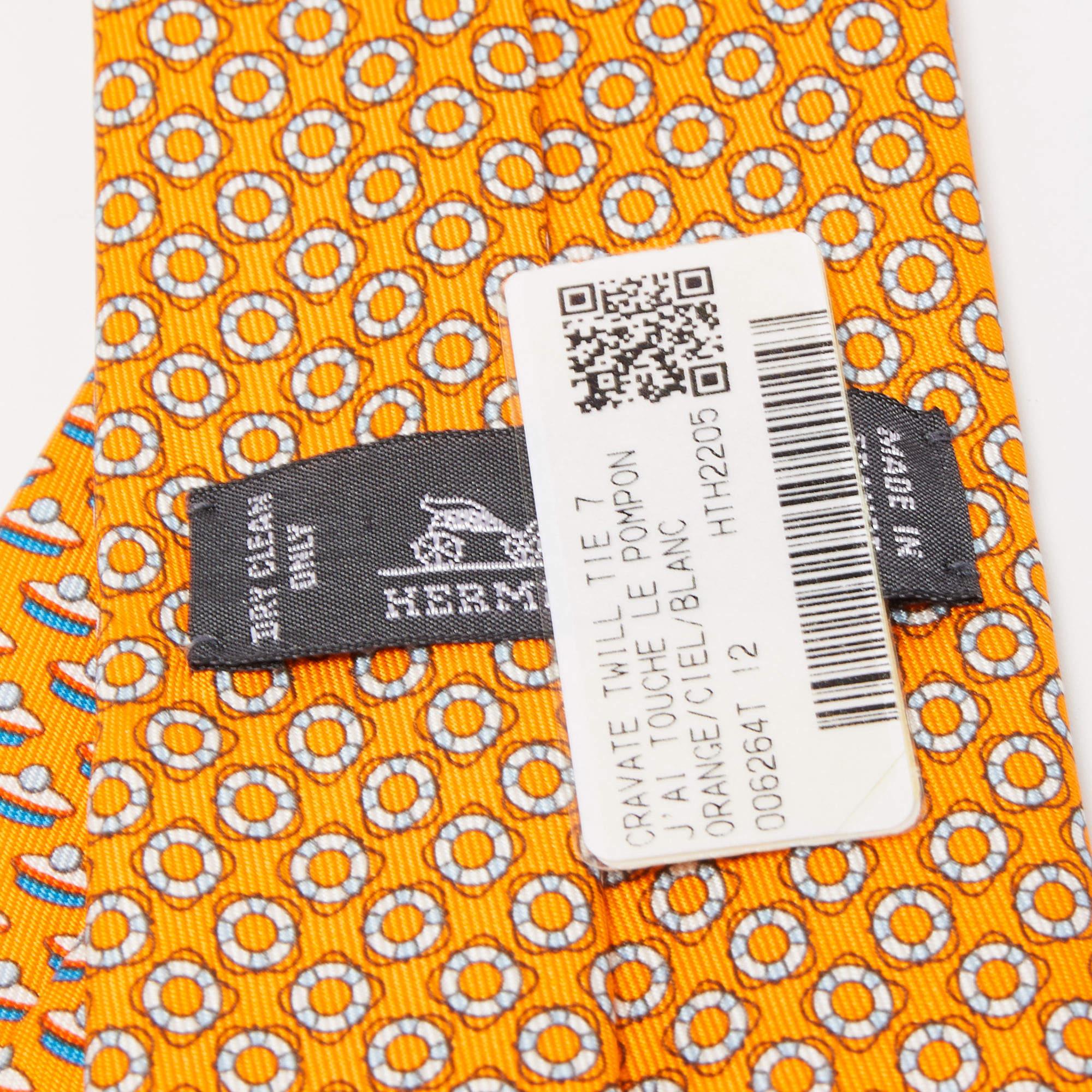 Hermès Orange J'Ai Touche Le Pompon Printed Silk Slim Tie In Excellent Condition In Dubai, Al Qouz 2