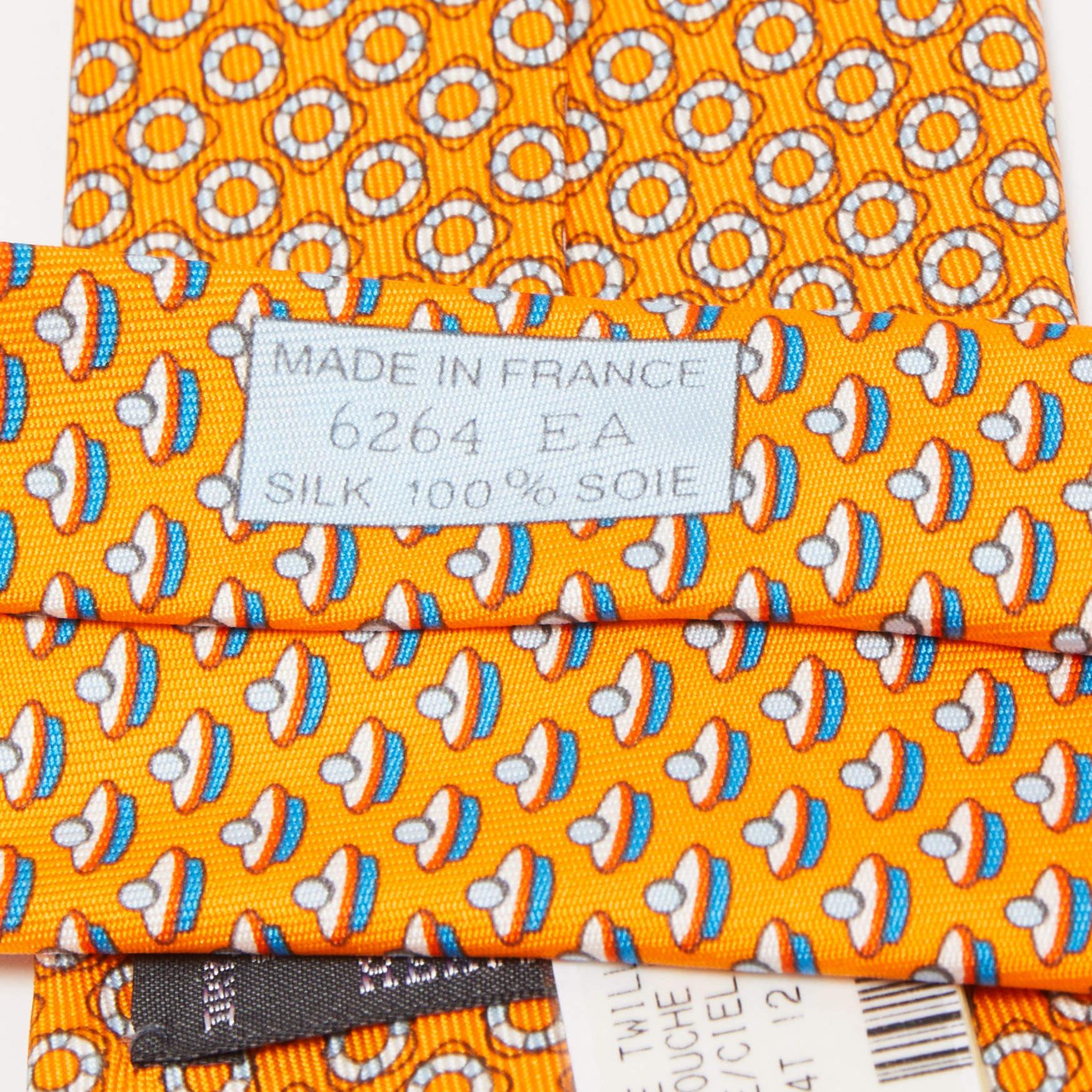 Hermès Orange J'Ai Touche Le Pompon Printed Silk Slim Tie 1
