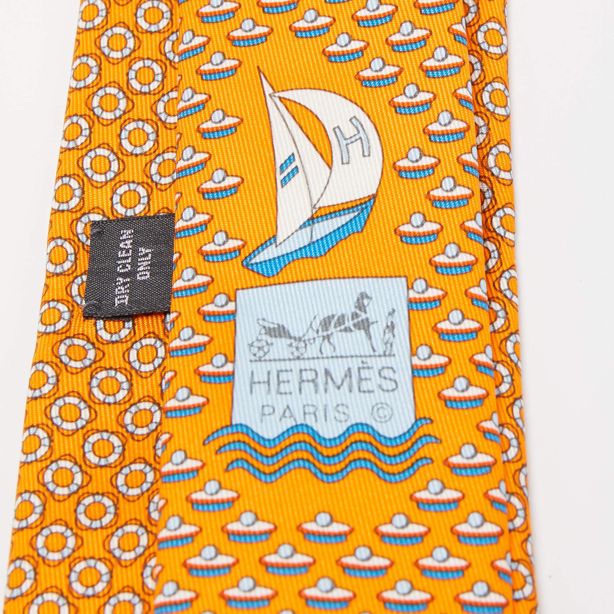 Hermès Orange J'Ai Touche Le Pompon Printed Silk Slim Tie 2