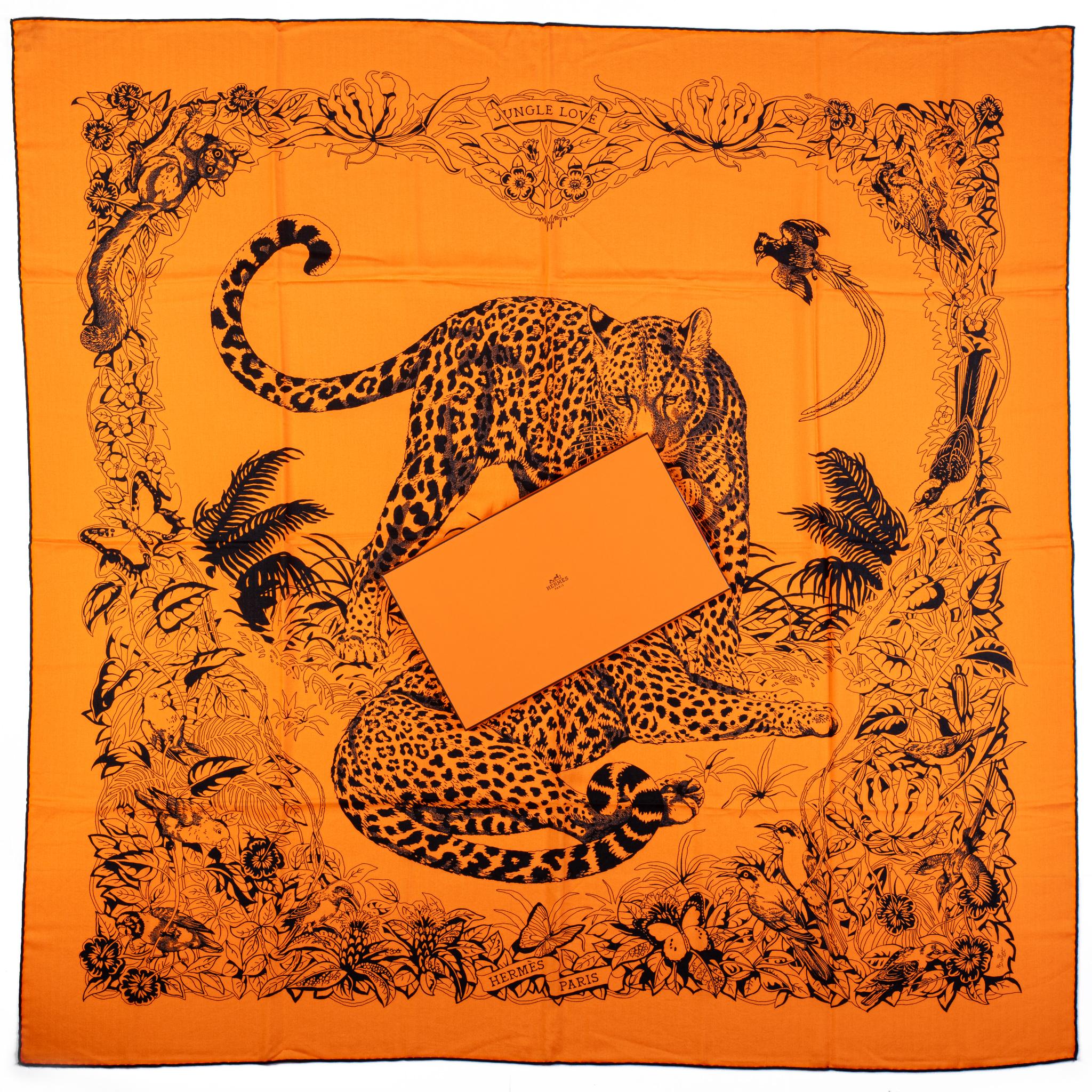 Hermès new collectible cashmere and silk Jungle Love Tattoo shawl, by Robert Dallet. Comes with original box.