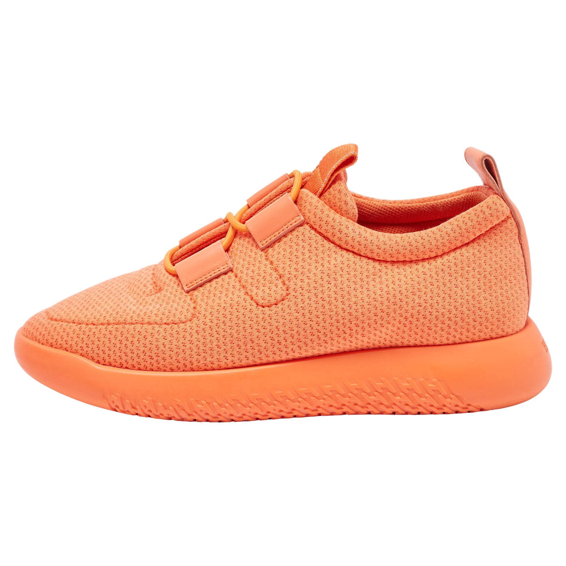 Hermès Orange Leather and Neoprene Low Top Sneakers Size 36