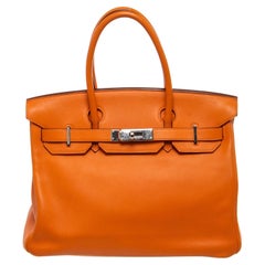 Hermes Orange Leather Birkin 30cm Satchel Bag