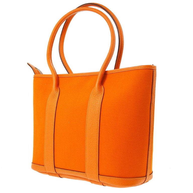 Hermes Orange Leather Canvas Top Handle Satchel Carryall Tote Bag For ...