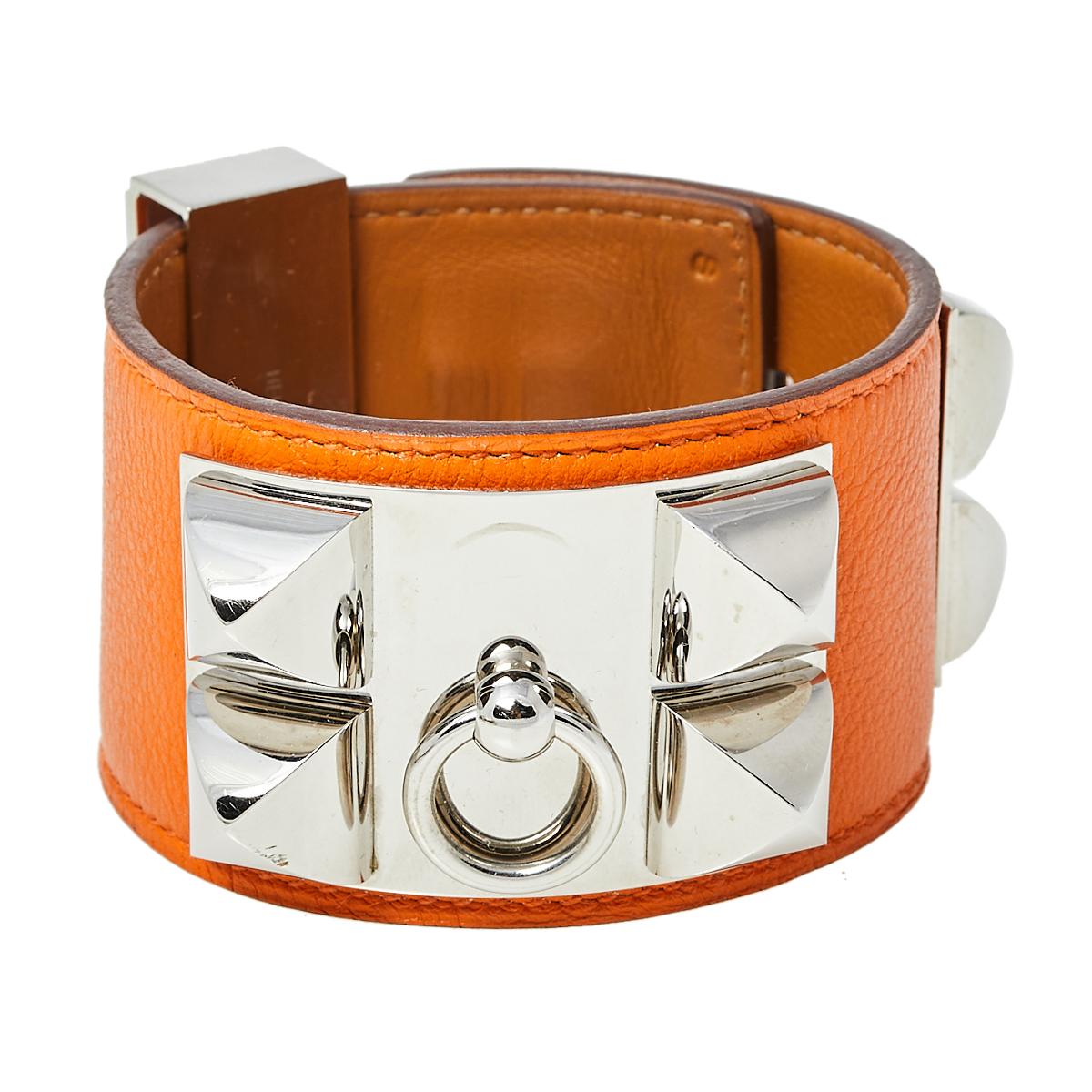 Women's Hermès Orange Leather Collier de Chien Cuff Bracelet S