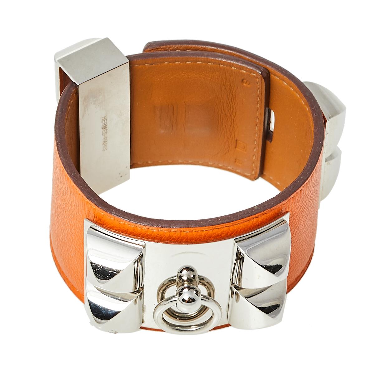 Hermès Orange Leather Collier de Chien Cuff Bracelet S