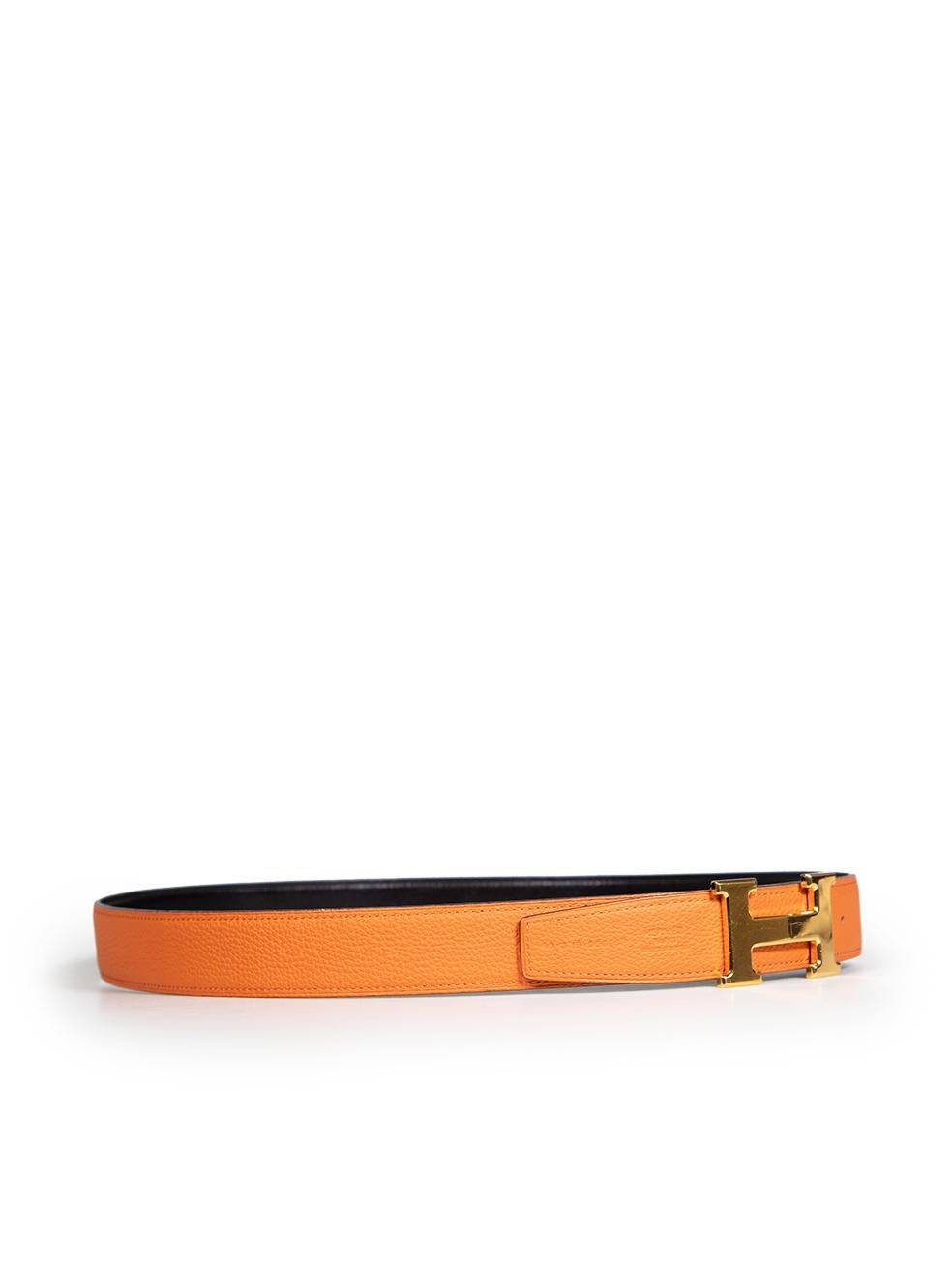 CONDITION is Very good. Minimal wear to belt is evident. Minor scratches to the hardware on this used Hermès designer resale item.
 Details
 Model: H
 Orange
 Leather
 Belt
 Gold hardware
 Logo buckle detail
 Colour
 
 
 Made in France
 
