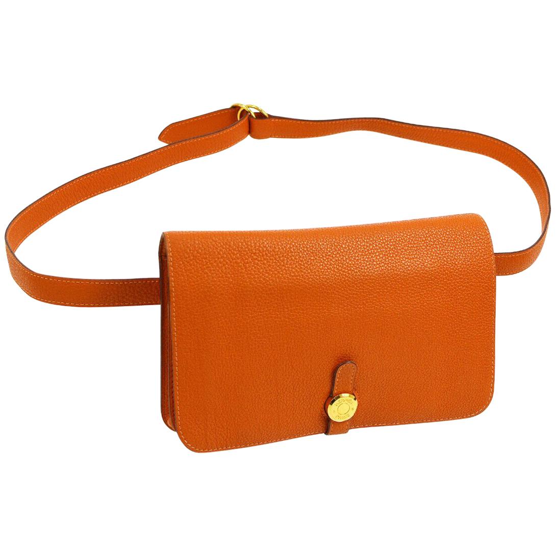 Hermes Orange Leather Gold Men's Women's Fanny Pack Waist Belt Bag in Box