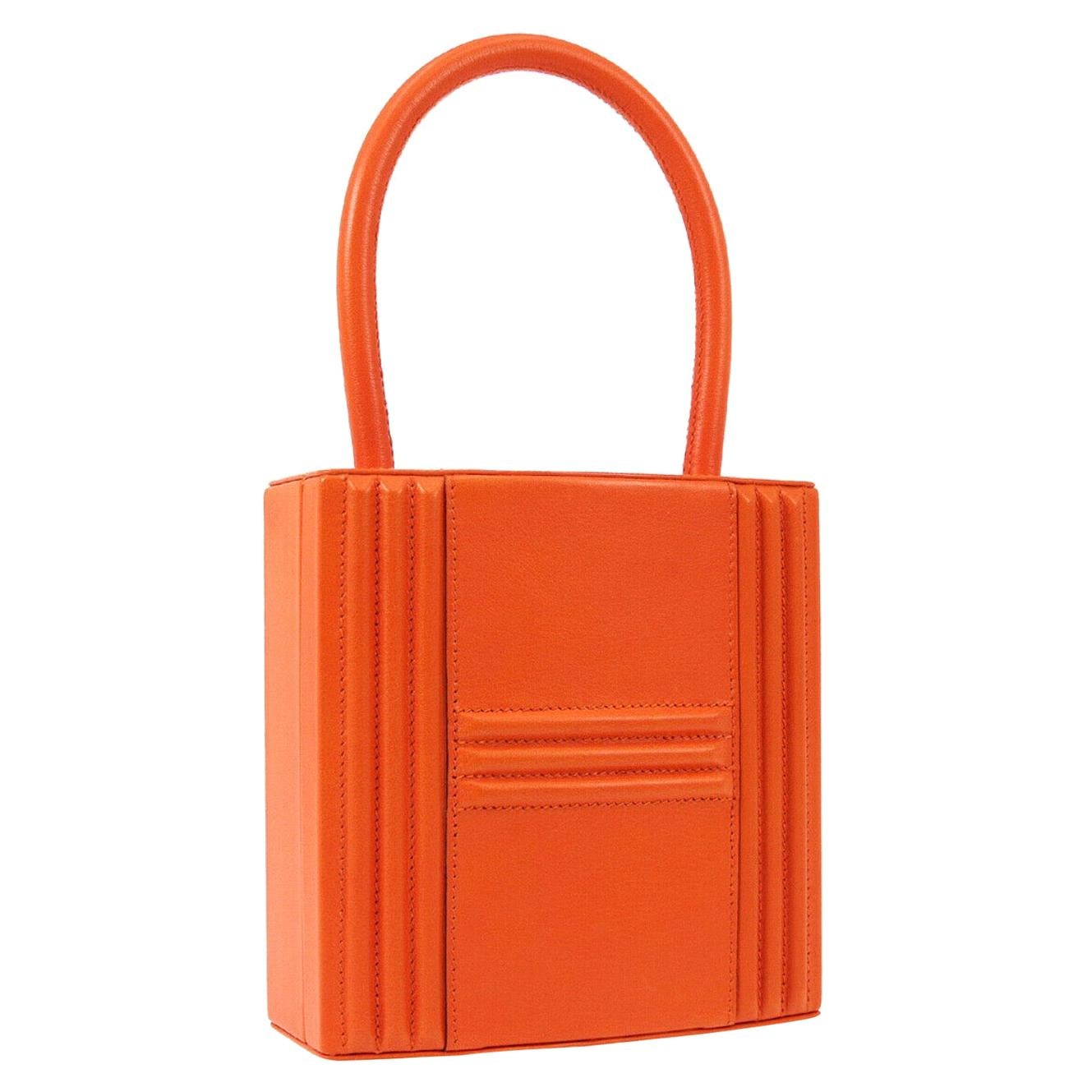 Hermes Orange Leather Gold Pad Lock Small Mini Evening Top Handle Satchel Bag