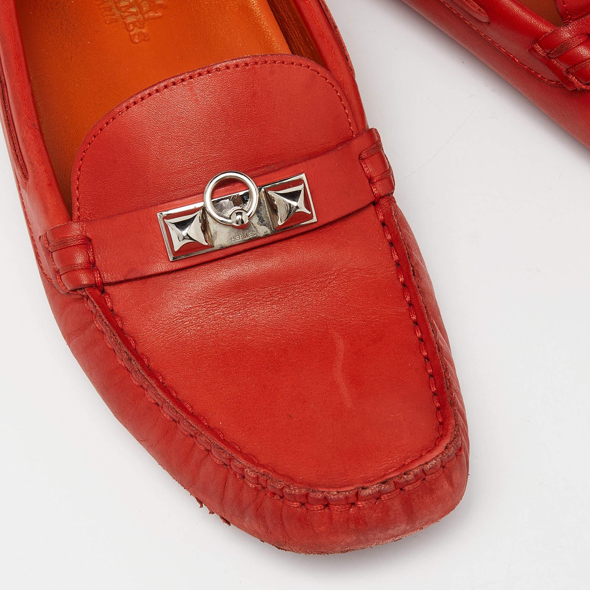Women's Hermes Orange Leather Irving Loafers Size 37 For Sale
