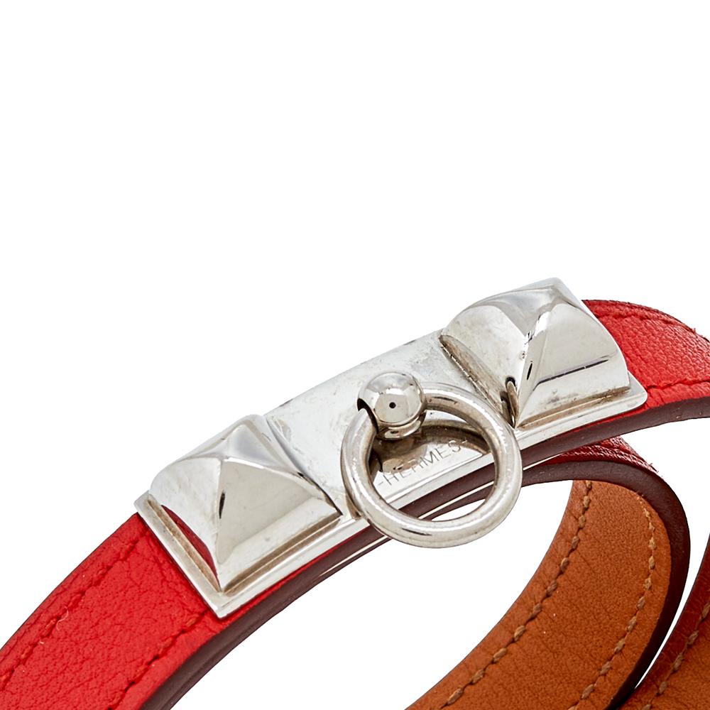 Contemporary Hermès Orange Leather Palladium Plated Micro Rivale Double Tour Bracelet M