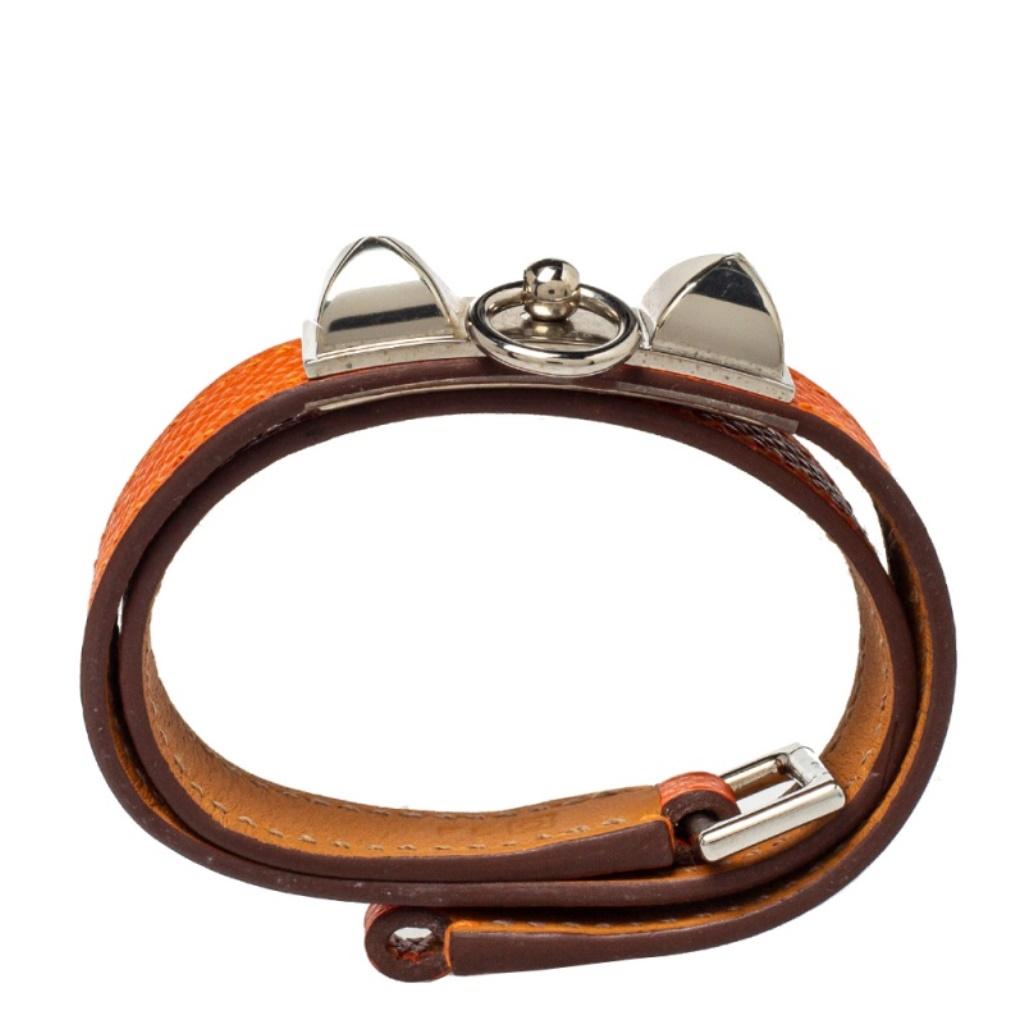 Contemporary Hermès Orange Leather Palladium Plated Rivale Double Tour Bracelet M