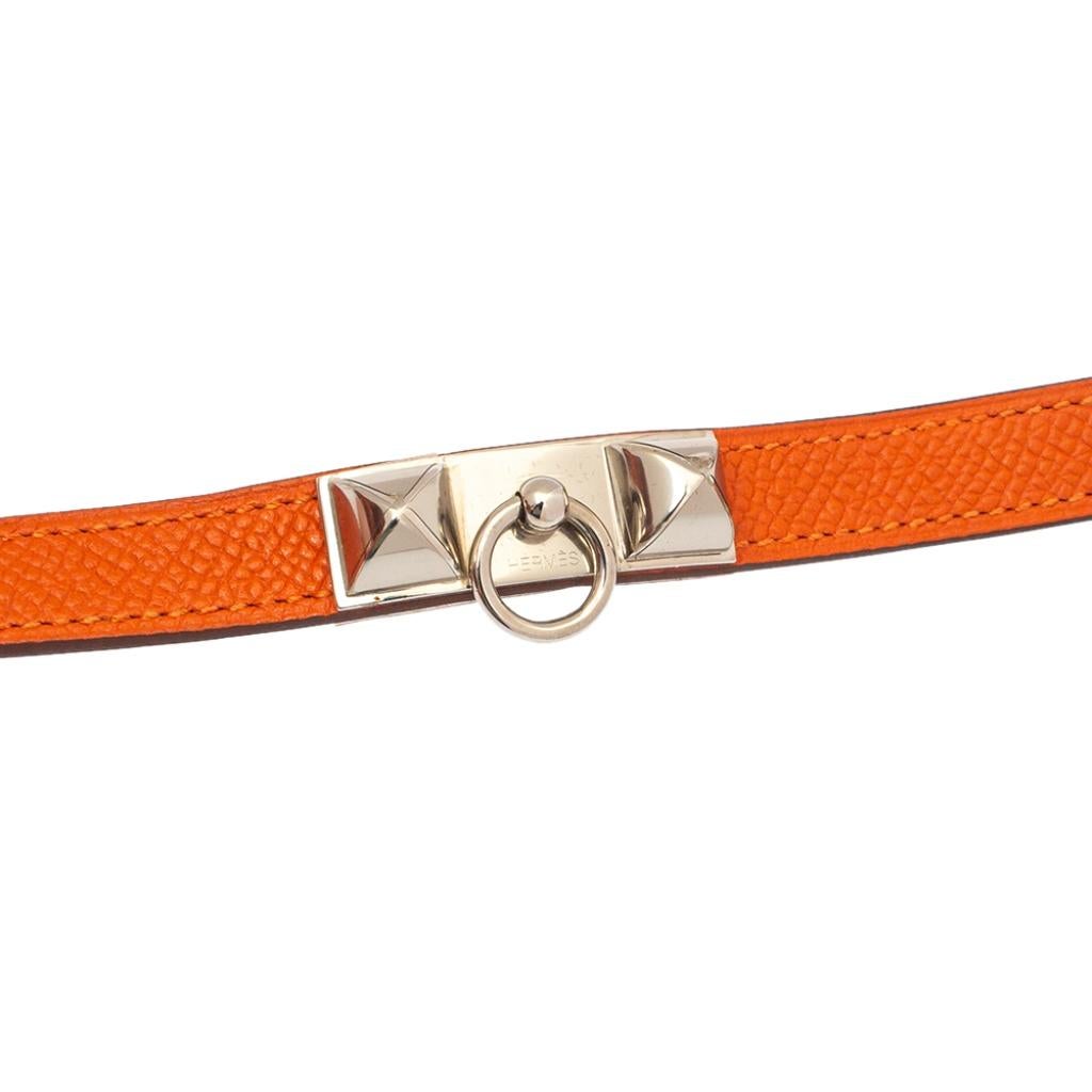Hermès Orange Leather Palladium Plated Rivale Double Tour Bracelet M In Good Condition In Dubai, Al Qouz 2
