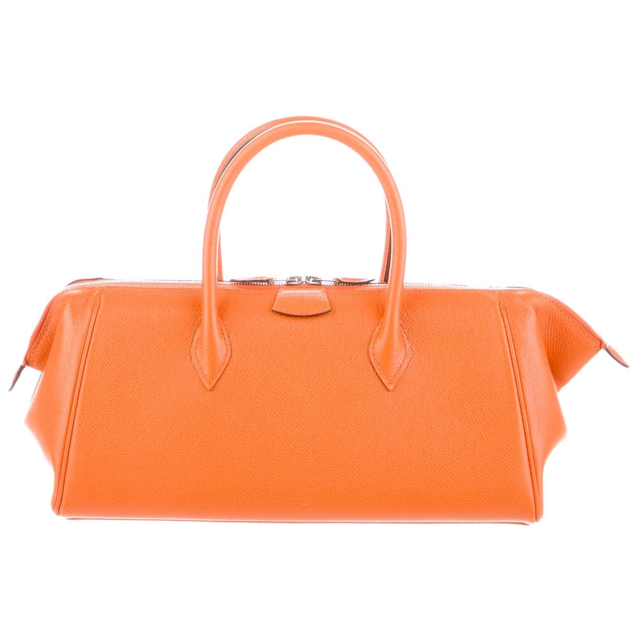 Hermes Orange Leather Palladium Zip Top Handle Satchel Carryall Tote Bag
