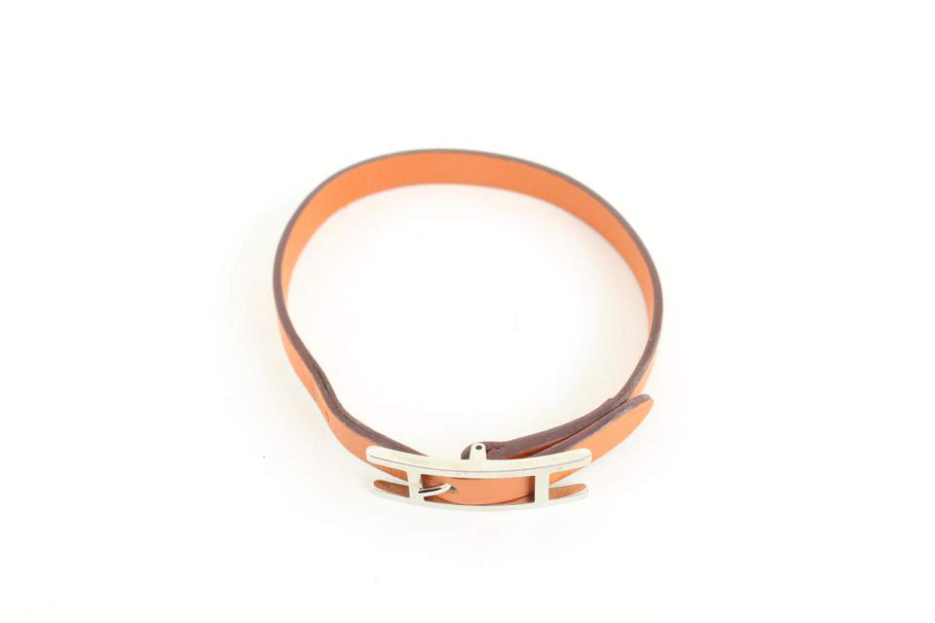 Hermès Orange Leather Silver H Api Bracelet 16h23 In Good Condition For Sale In Dix hills, NY