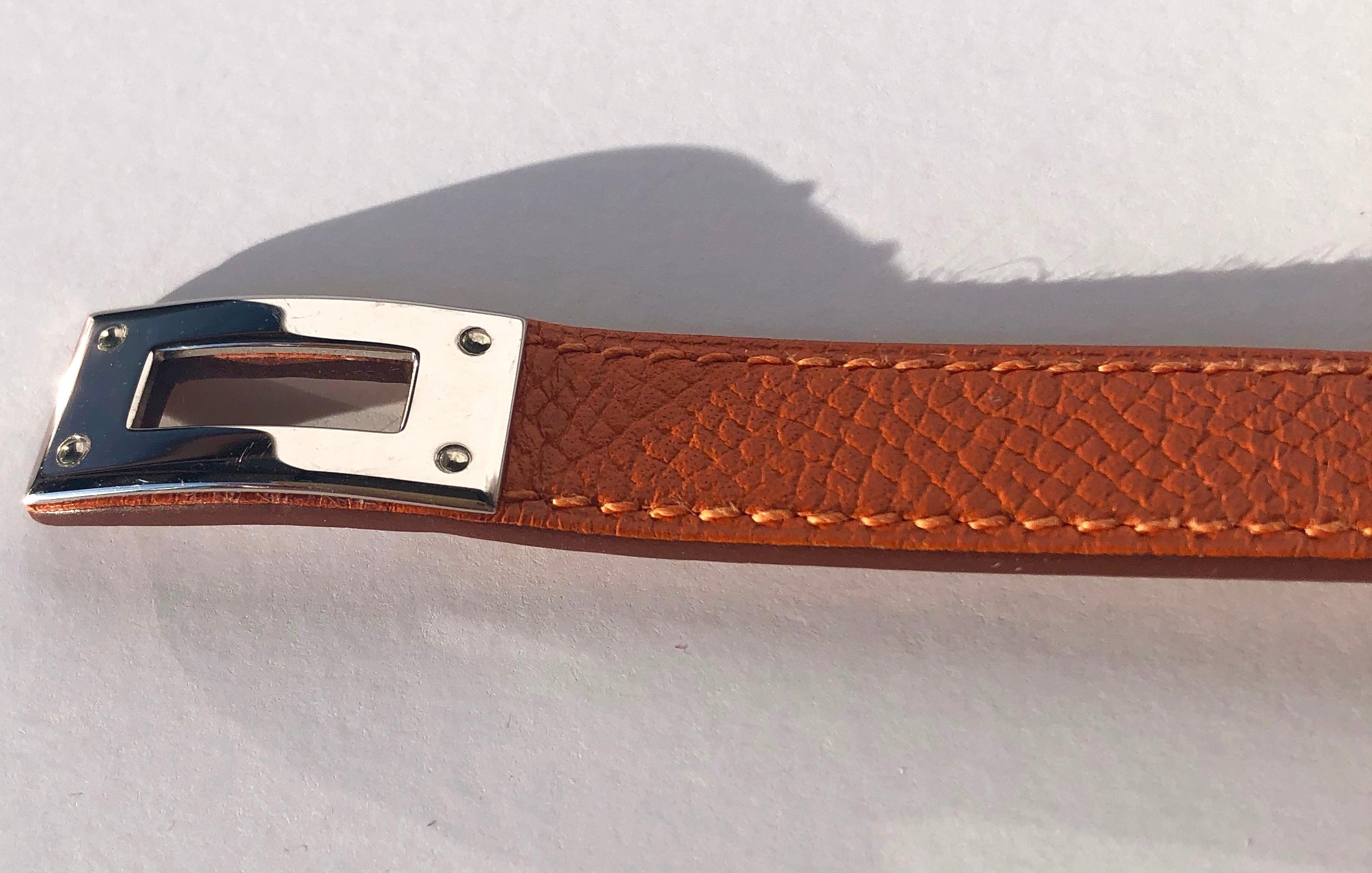 Hermes Orange leather & Silver Palladium Craie Epsom Kelly Double Tour Bracelet  For Sale 3