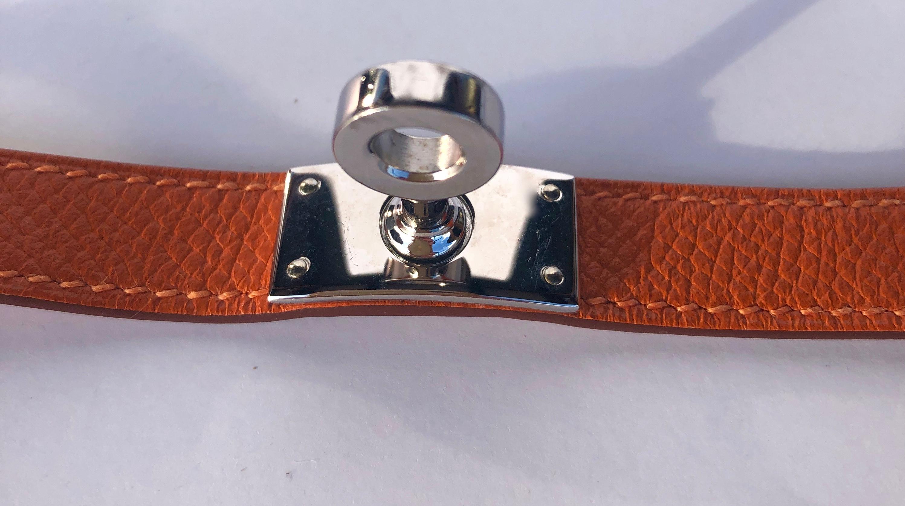 Hermes Orange leather & Silver Palladium Craie Epsom Kelly Double Tour Bracelet  For Sale 8