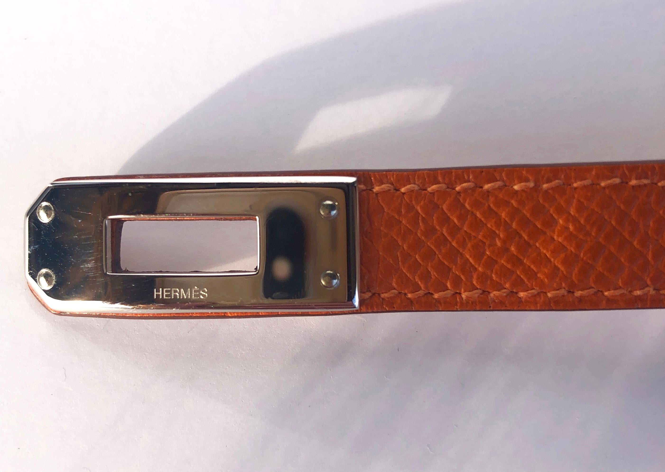 Hermes Orange leather & Silver Palladium Craie Epsom Kelly Double Tour Bracelet  For Sale 9