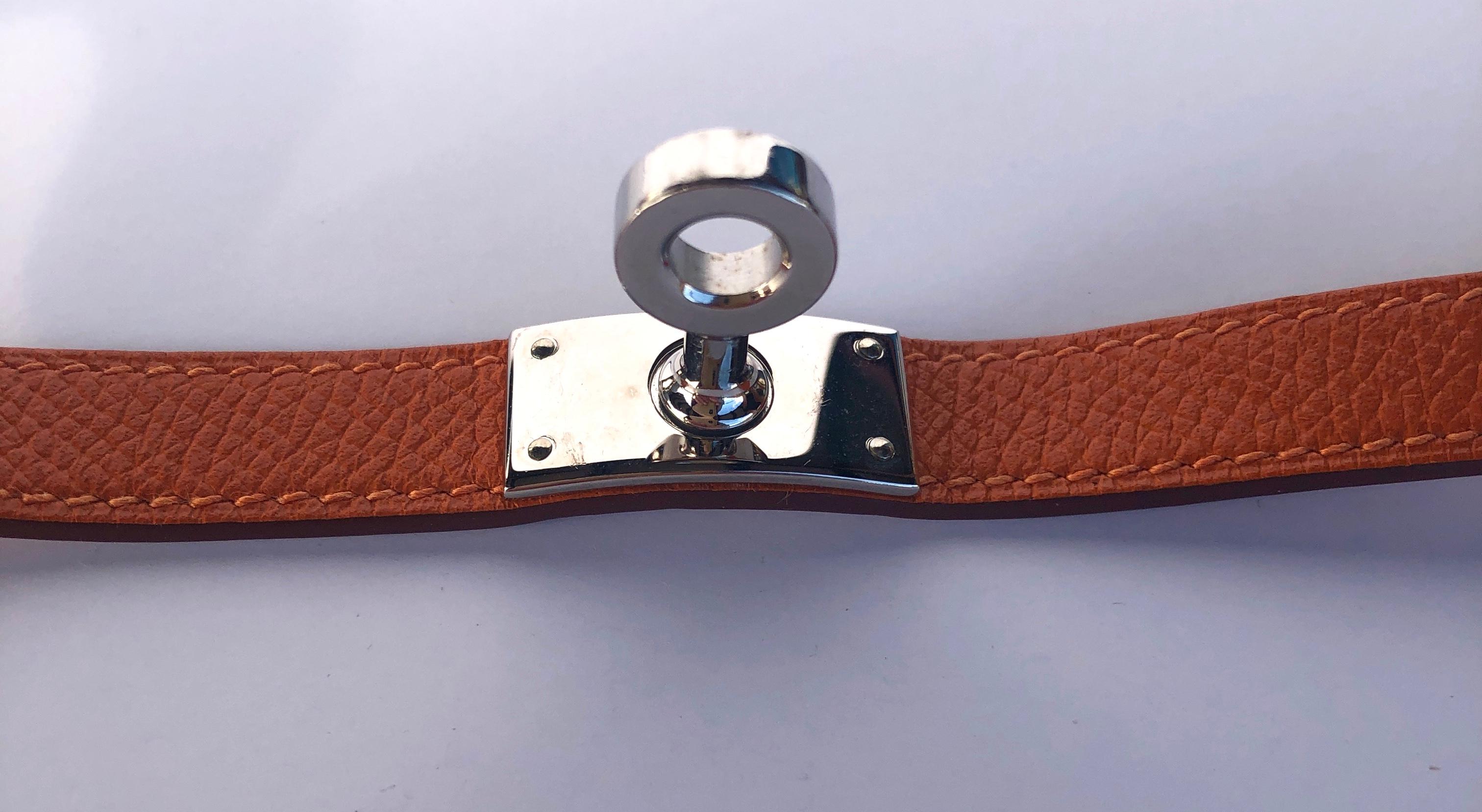 Hermes Orange leather & Silver Palladium Craie Epsom Kelly Double Tour Bracelet  For Sale 10