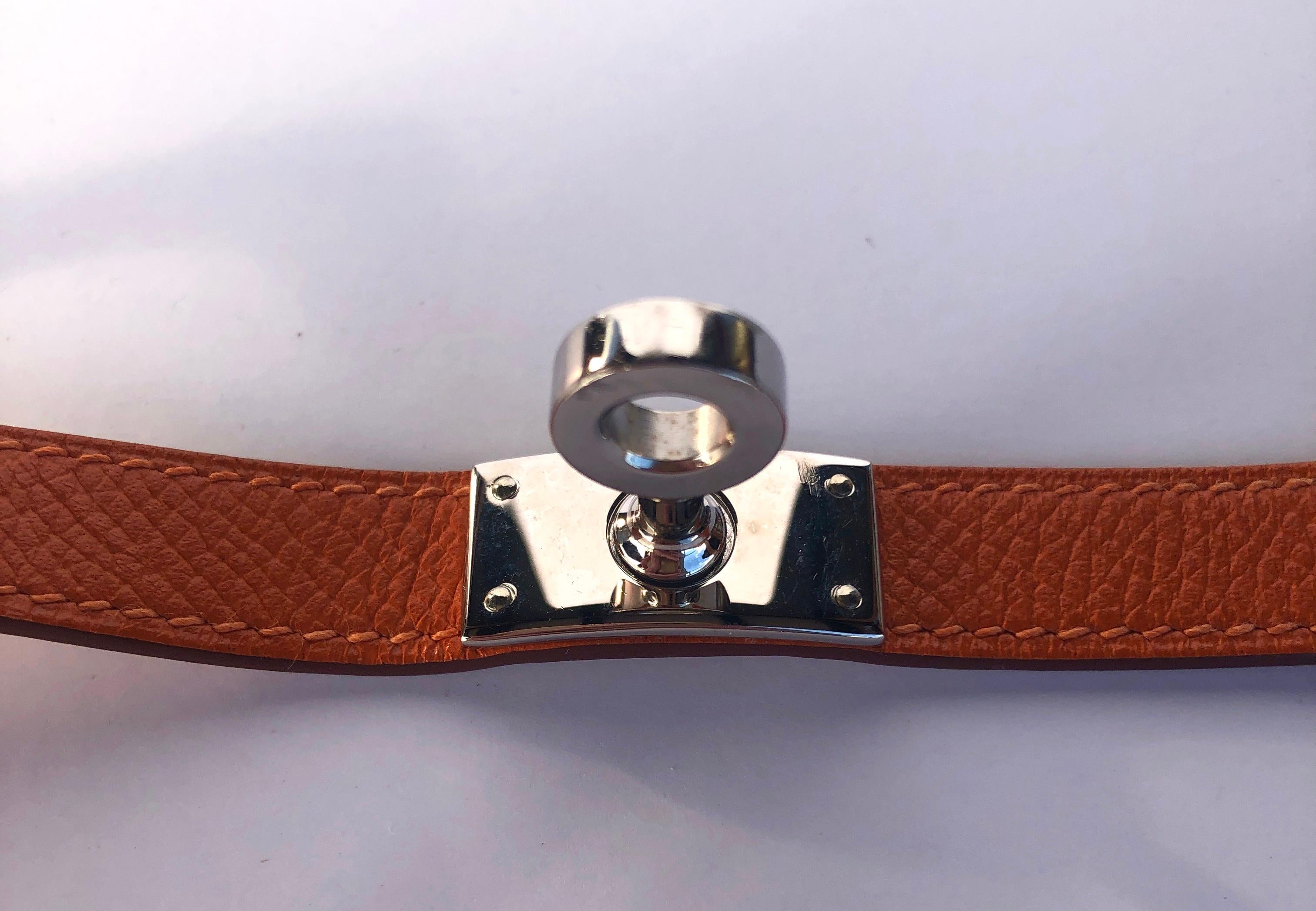 Hermes Orange leather & Silver Palladium Craie Epsom Kelly Double Tour Bracelet  For Sale 11