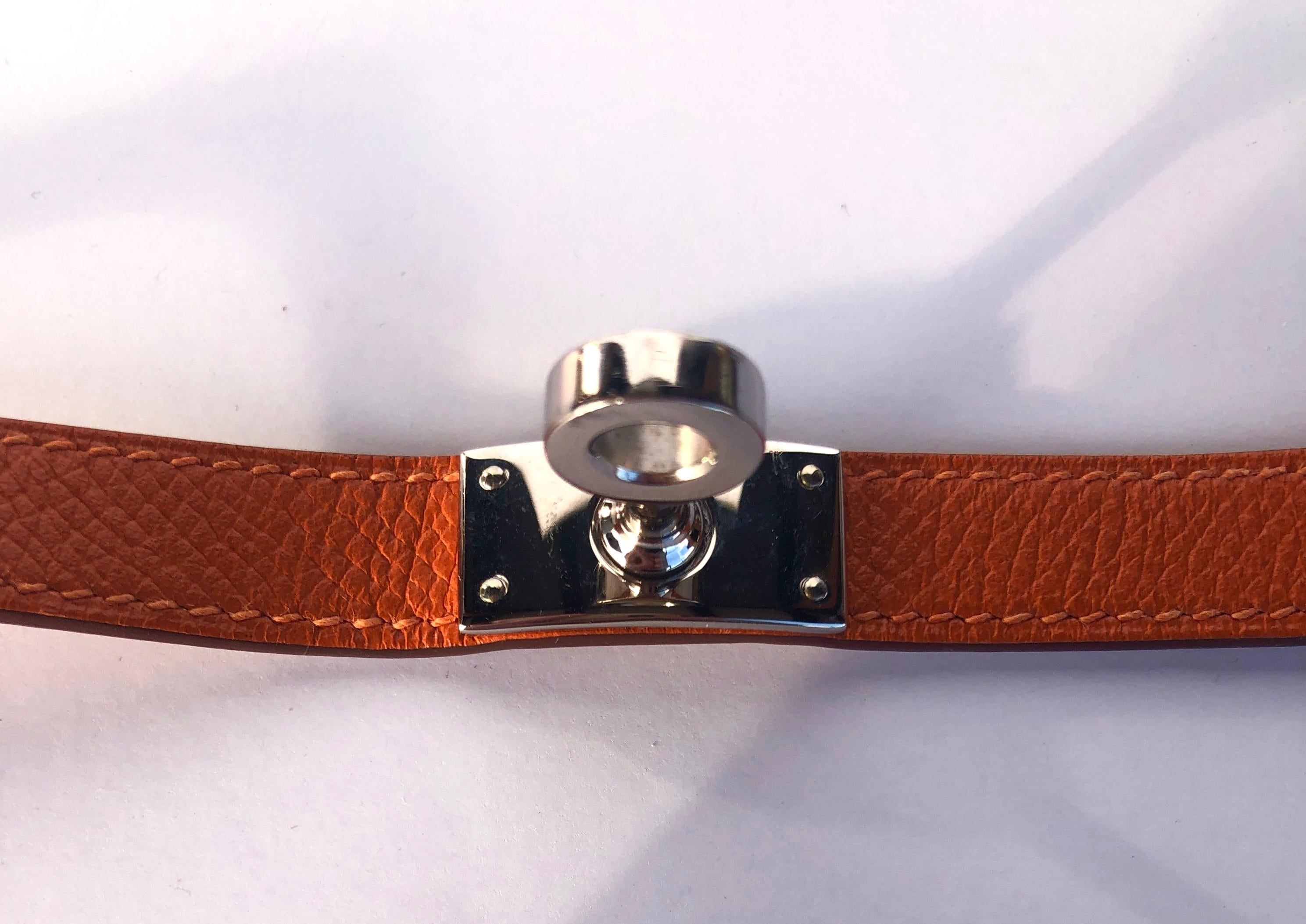 Hermes Orange leather & Silver Palladium Craie Epsom Kelly Double Tour Bracelet  For Sale 12