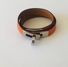 Hermes Orange leather & Silver Palladium Craie Epsom Kelly Double Tour Bracelet