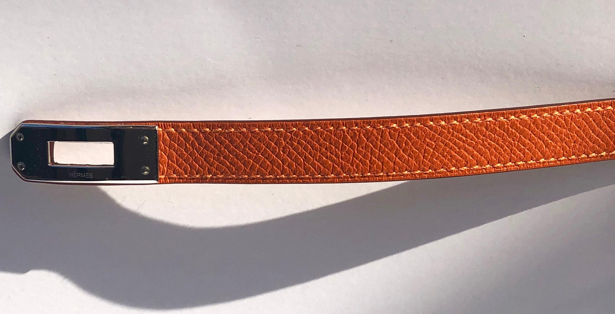 Women's or Men's Hermes Orange leather & Silver Palladium Craie Epsom Kelly Double Tour Bracelet  For Sale
