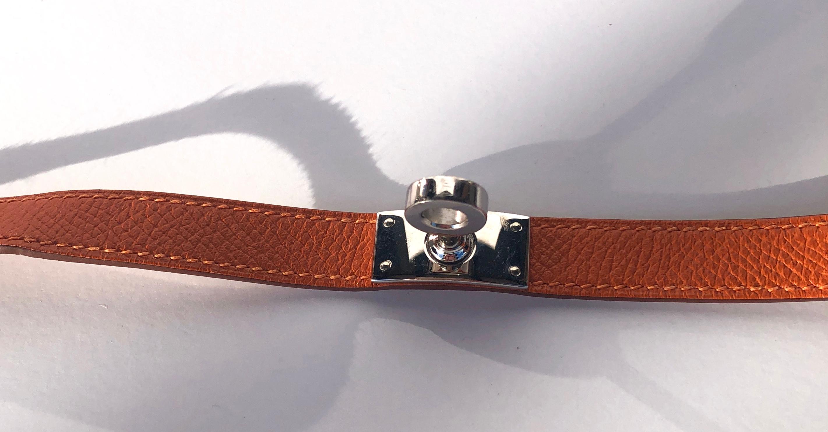 Hermes Orange leather & Silver Palladium Craie Epsom Kelly Double Tour Bracelet  For Sale 1