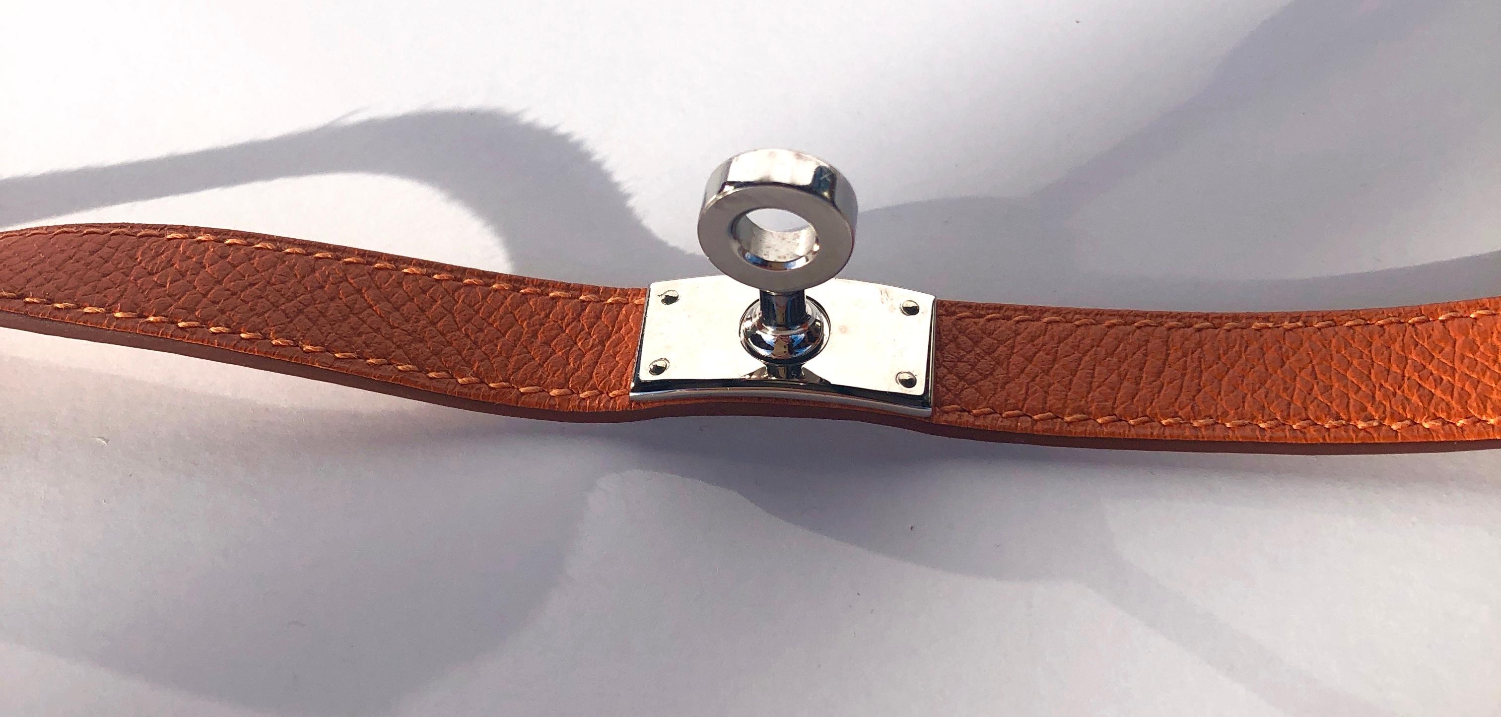 Hermes Orange leather & Silver Palladium Craie Epsom Kelly Double Tour Bracelet  For Sale 2