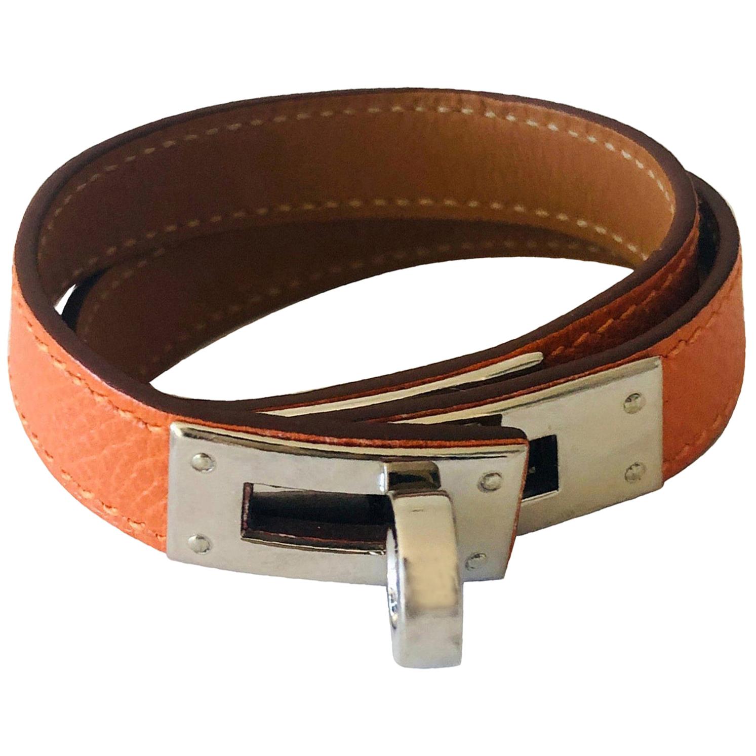 Hermes Orange leather & Silver Palladium Craie Epsom Kelly Double Tour Bracelet  For Sale
